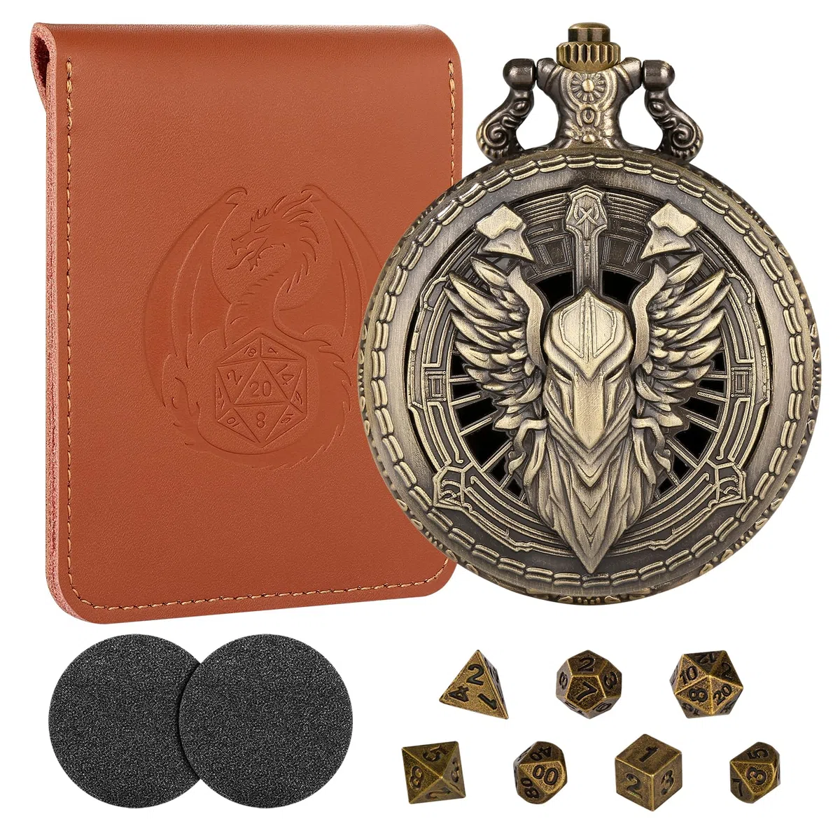 Mini set di dadi con custodia in bronzo cavaliere paladino cavaliere guerriero – Regali di D&D con borsa per dadi, set di 7 dadi in metallo poliedrico D&D, set per principianti per giochi di ruolo da