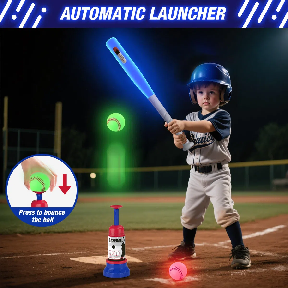 HYES Set da baseball a LED 3 in 1 per bambini dai 3 ai 5 anni, supporto per palline a T, tee da appendere, lanciatore di palline e 4 softball, altezza regolabile, regalo sportivo per interni ed