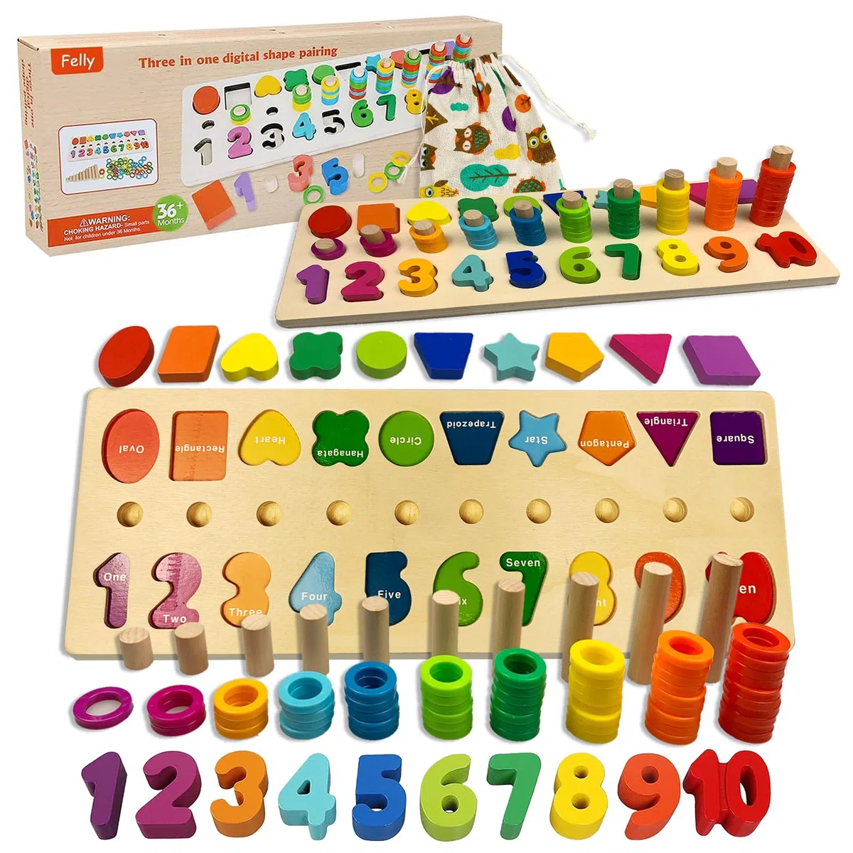 Felly Giocattoli Montessori Bambini, 2 in 1 Gioco Educativi Giocattoli di Legno Baby Board Conteggio Numeri Stacking Classificazione Matematica Apprendimento, Regalo di Compleanno Natale 3+ anni