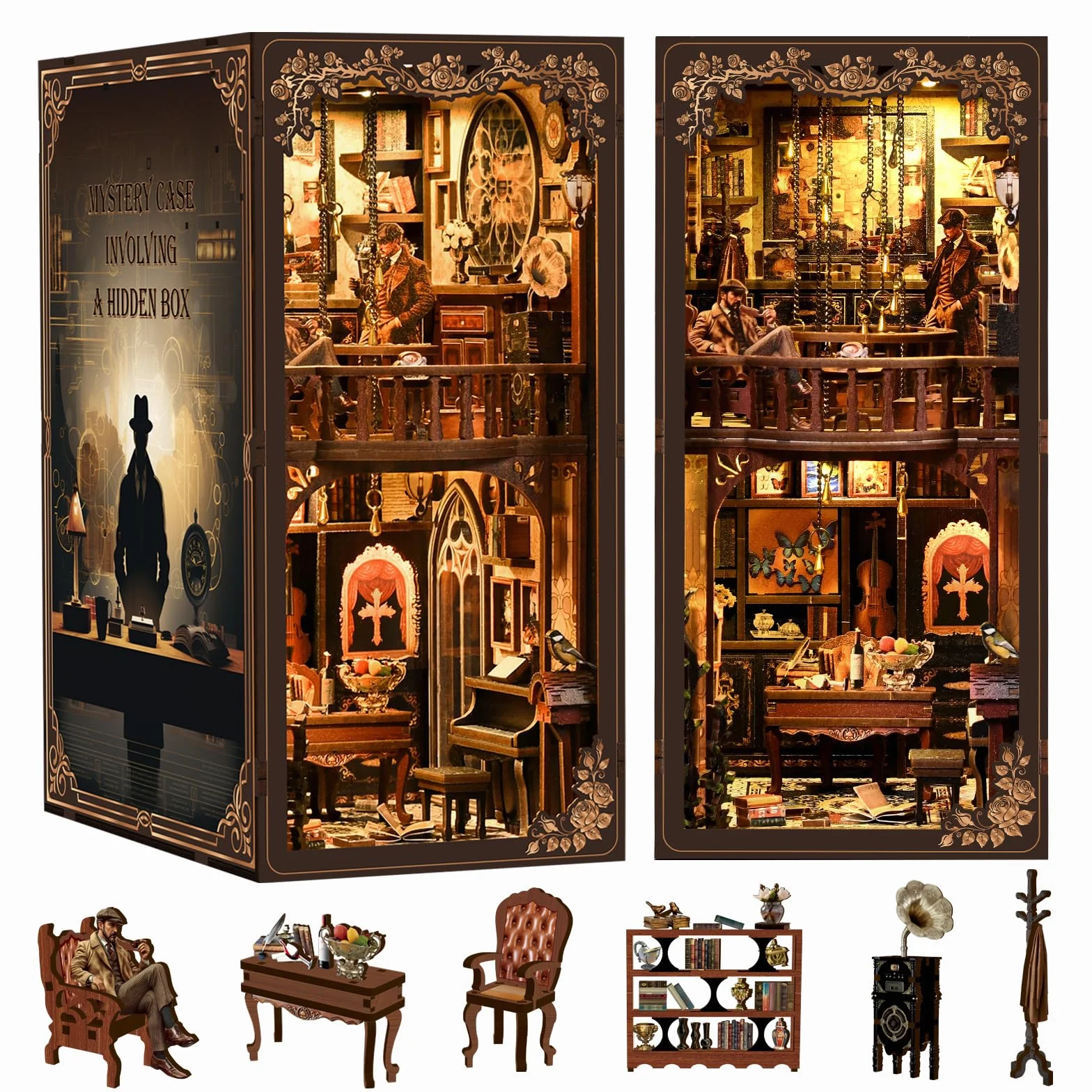 book nook-Dunkle Box – Caso misterioso-Mit Musikbox-Bauspielzeugset mit LED Licht,diy set erwachsene,3D Holzbausatz,bastelset erwachsene