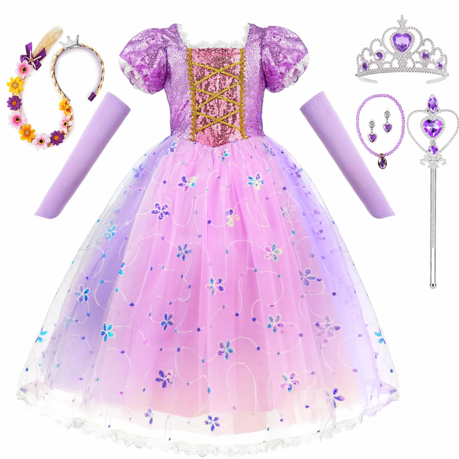 AOOWU Costume da Principessa Rapunzel per Bambina, Vestito Rapunzel con 6 Accessori, Abito da Principessa Viola, Cosplay Halloween Carnevale Abito per Ragazze(100-150)