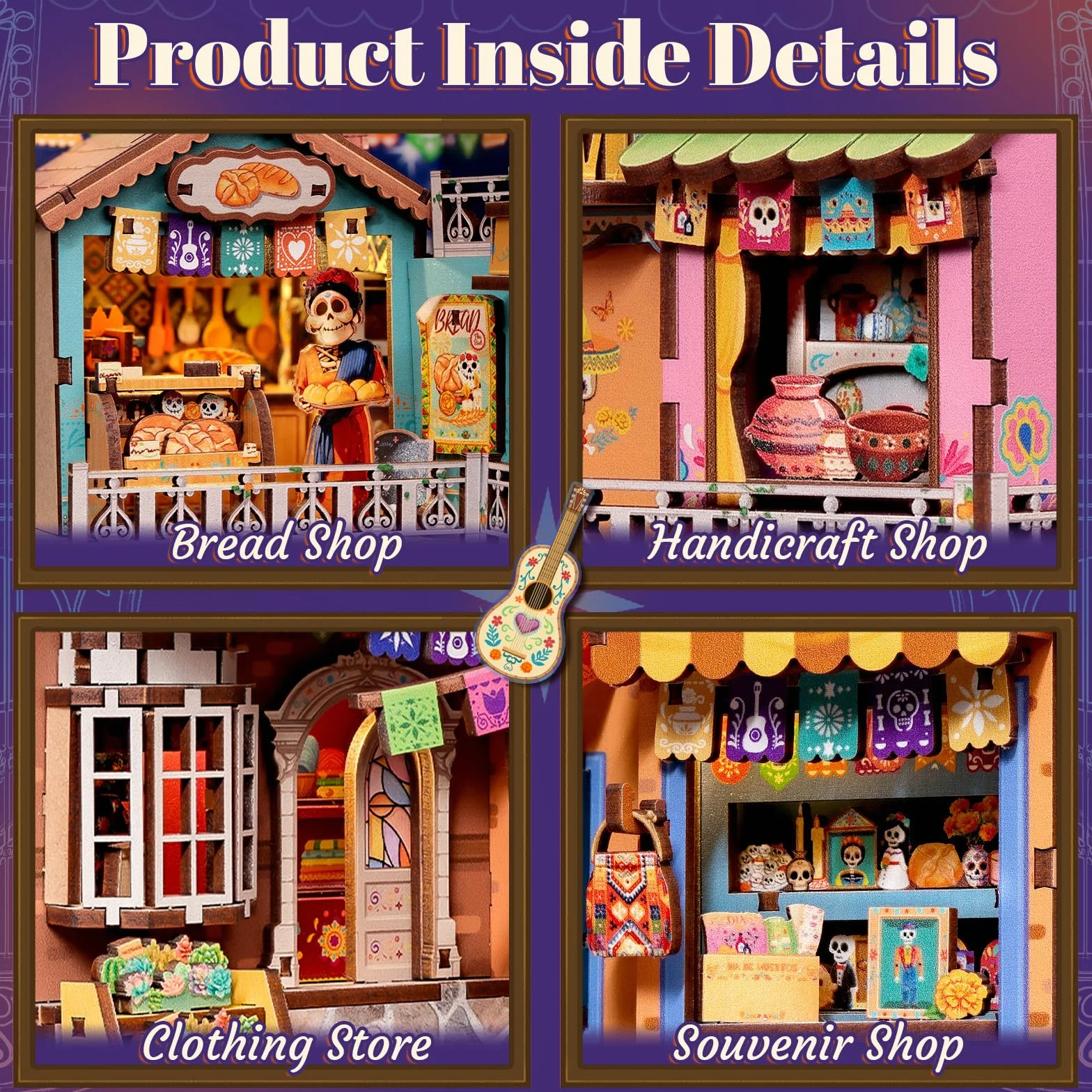 Fsolis Kit Angolo Libro - Miniatura Dia de los Muertos Casetta di Strada, Kit di Puzzle 3D in Legno per Adulti, Decorazione per Libreria, Regalo Unico