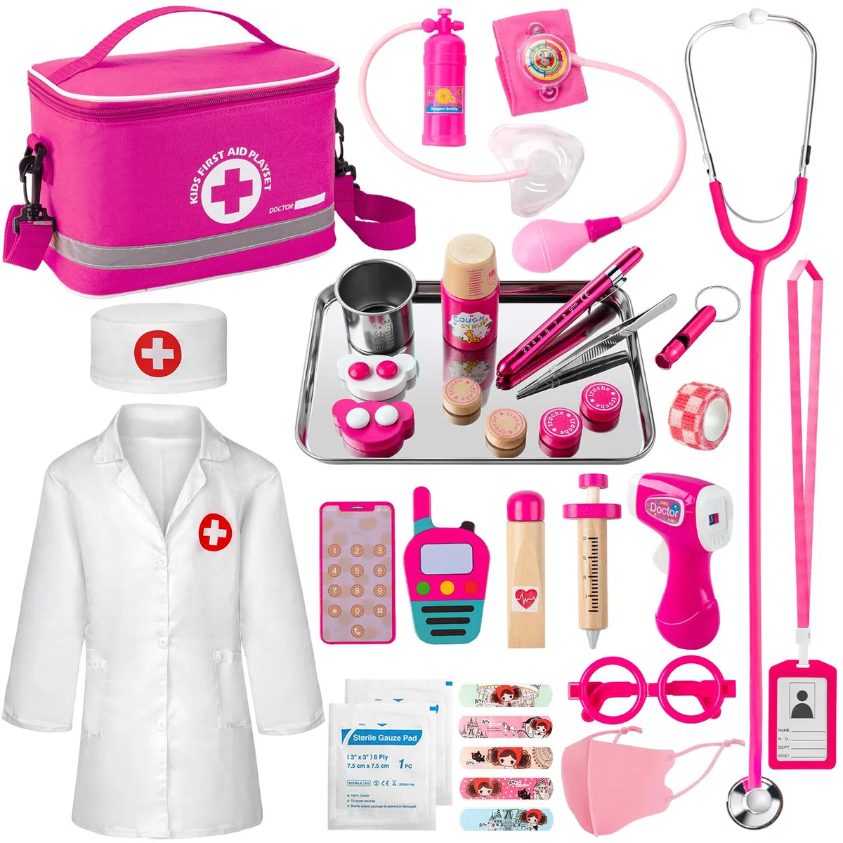 EFO SHM Valigetta Dottore Bambini 34 Pezzi - Kit Medico Giocattolo con Vero Stetoscopio e Camice, Borsa Portatile, Gioco di Ruolo Educativo, Idea Regalo 3 4 5 6 Anni