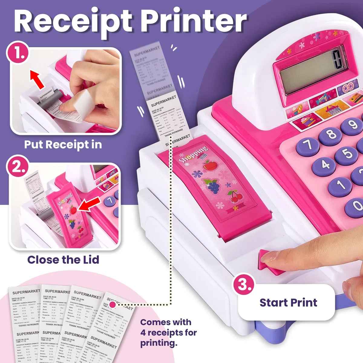 BUYGER Grande Registratore di Cassa Giocattolo per Bambini con Stampante per Ricevute, Scanner, Microfono, Calcolatrice, Supermercato Giochi di Ruolo Regalo per Bambina 3 + Anni