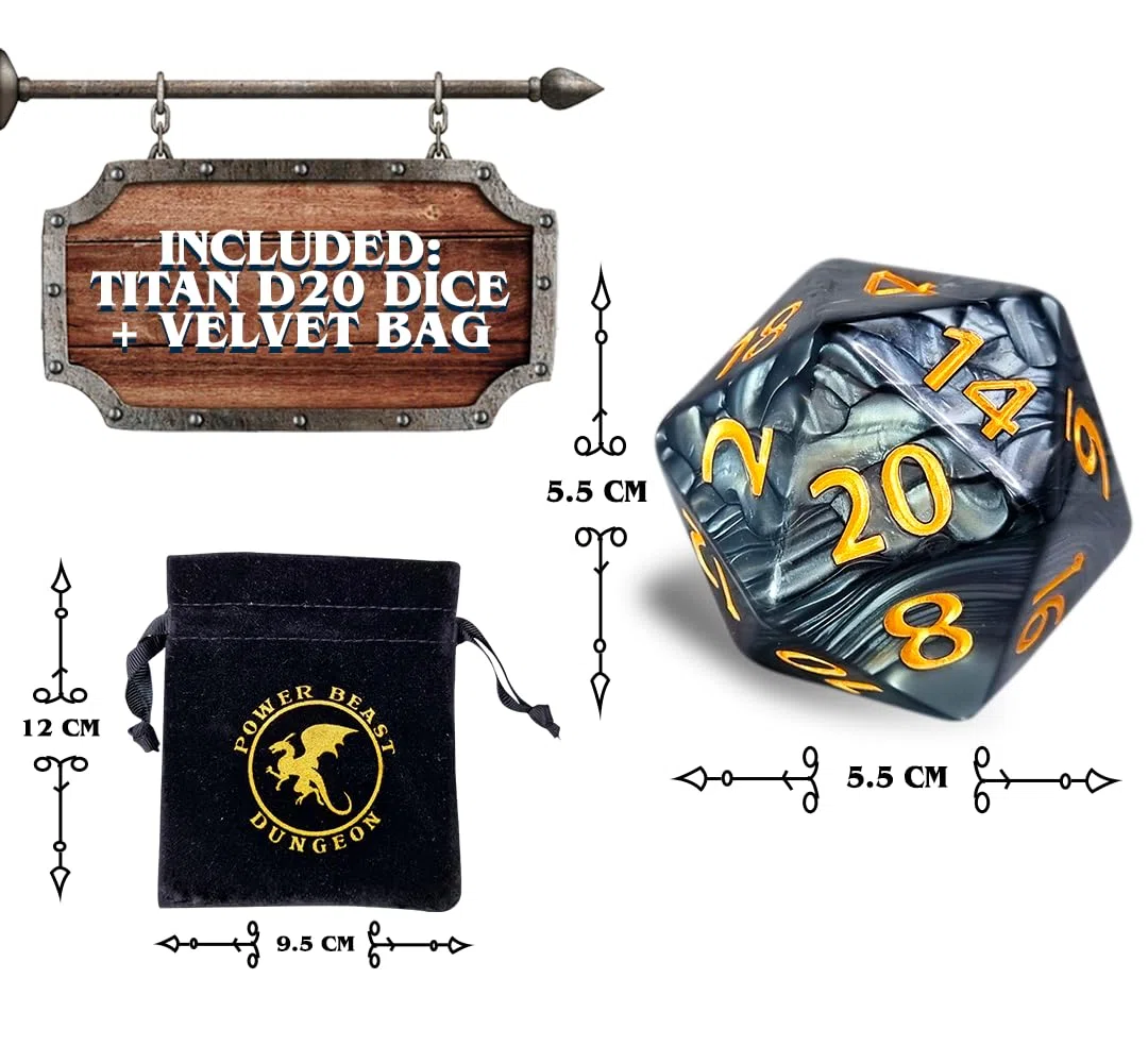 Dungeon D20 - Dadi giganti da 55 mm + borsa per i dadi, D&D, Dungeons and Dragons, DND, dadi poliedrici.