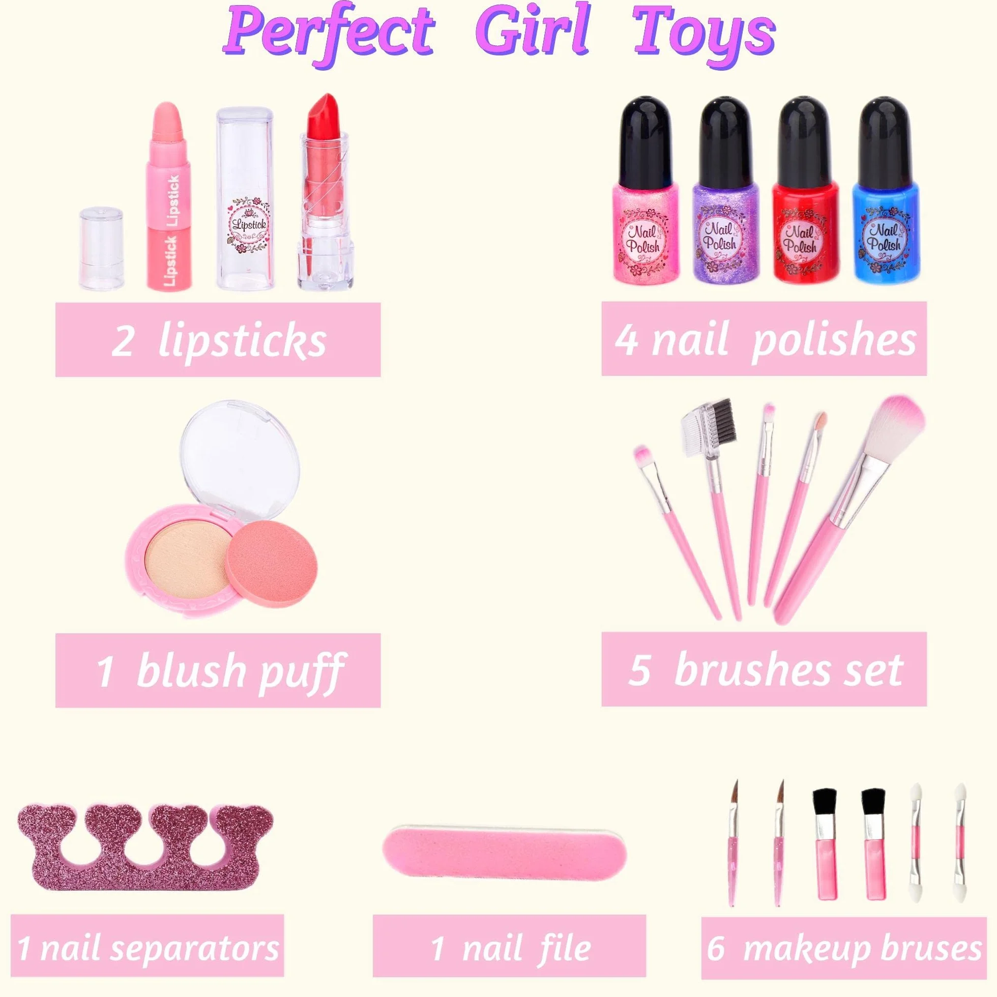 Chennyfun Set di Trucco per Bambini per Bambine, 53 Pezzi Lavabile set di Trucchi per Bambini, Sicuro e Atossico Giocattolo di Ruolo per Regali di Compleanno di Natale per Ragazze dai 3 Anni