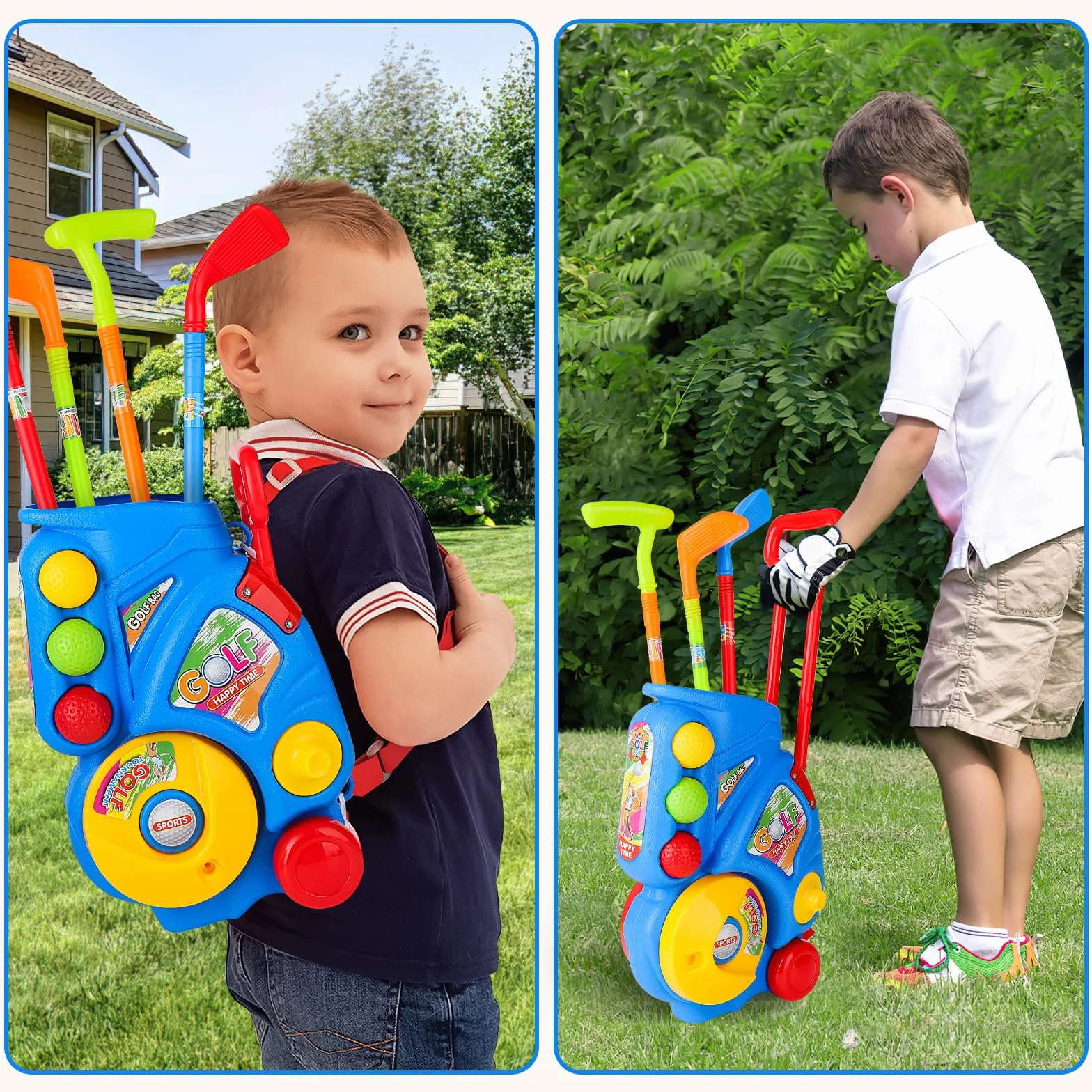 deAO Golf Set Giocattoli per Bambini, Tappetino da Golf, 4 Putter 60CM, 6 Palline, Regali di Compleanno per Ragazzi e Ragazze Blu