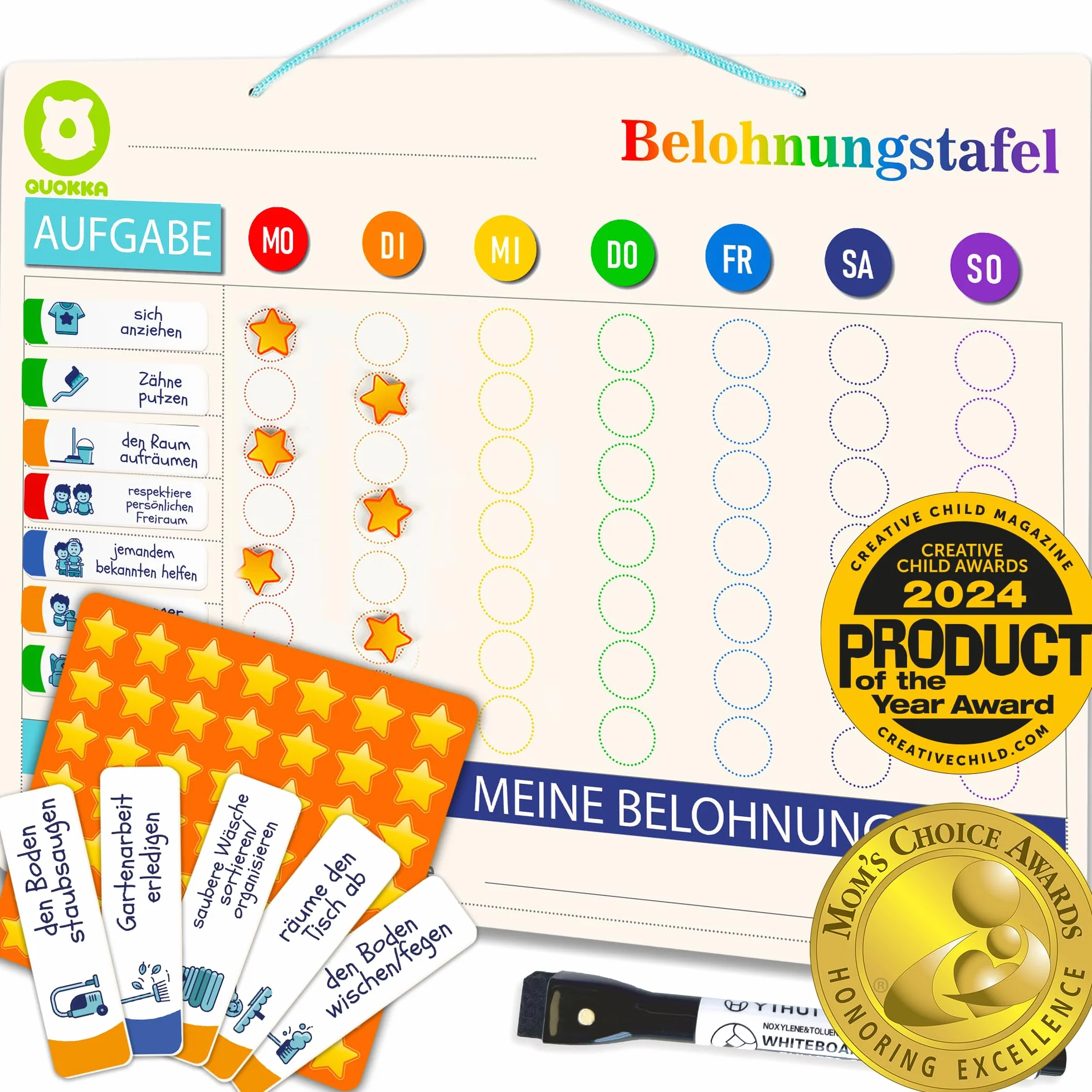 QUOKKA Lavagna di ricompensa magnetica per bambini, 40,6 x 30,5 cm, con 84 magneti e 102 stelle, tabella delle attività dal bambino all'adolescente, agenda settimanale per bambini