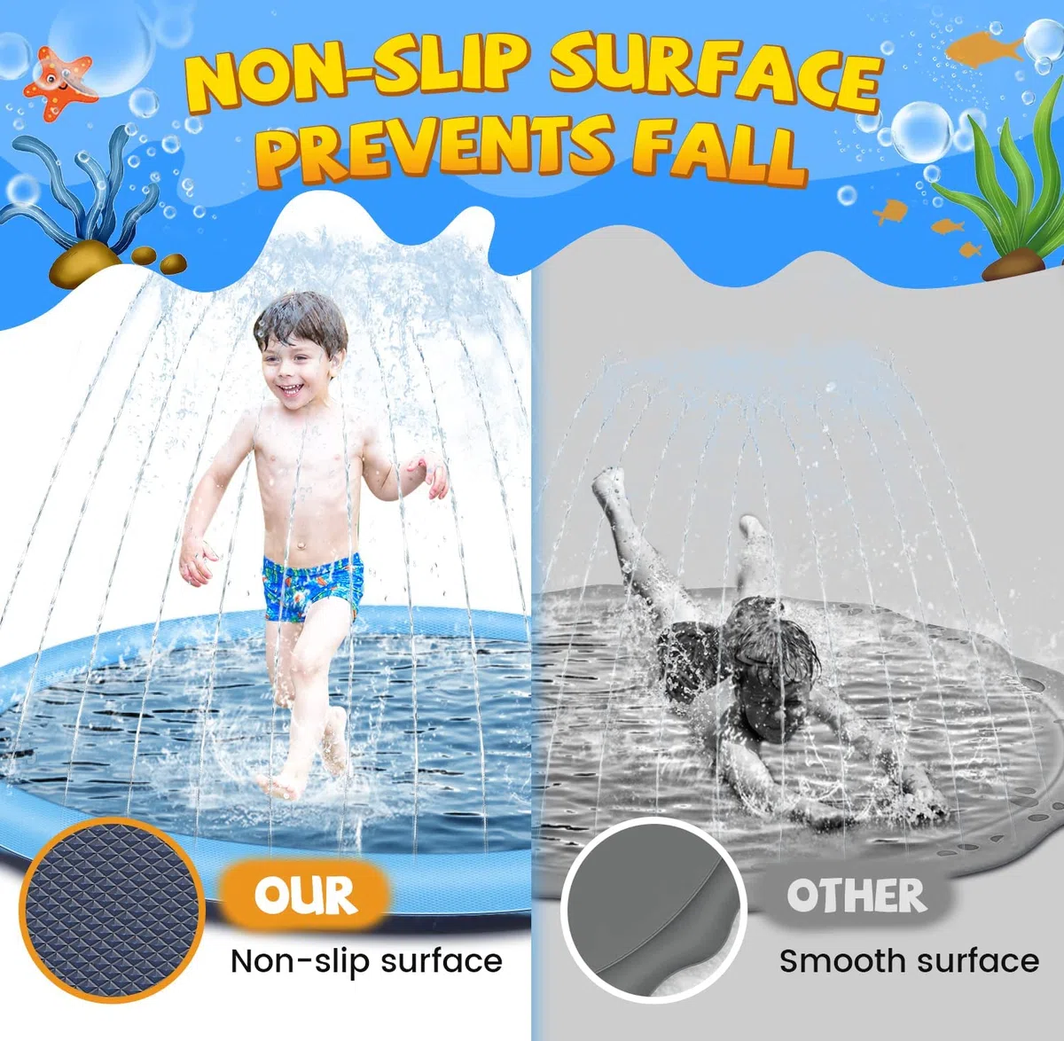 Giochi d'acqua per esterni, 170 cm, spruzzatore d'acqua Splash Pad, giocattolo da giardino e piscina per cani con funzione antiscivolo (blu-170 cm)