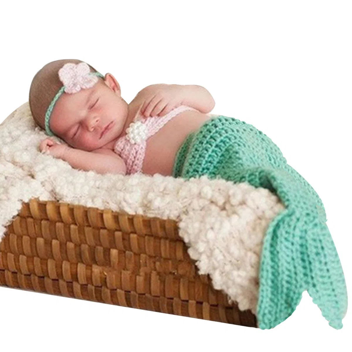3 PCS Requisiti Fotografici per Neonati, Outfit da Sirena per Foto di Neonati, Set di Costumi da Sirena Fatto a Mano a Crochet, Include Corona, Reggiseno, Coda, Costume da Sirena per Bambini