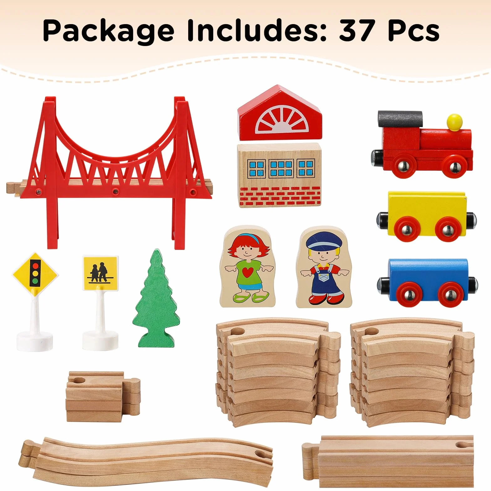 SainSmart Jr. Set di treni in legno per bambini con ponte sospeso, 37 pezzi binari in legno per Brio, Thomas, Melissa e Doug, giocattolo per treni dai 3 ai 5 anni in su
