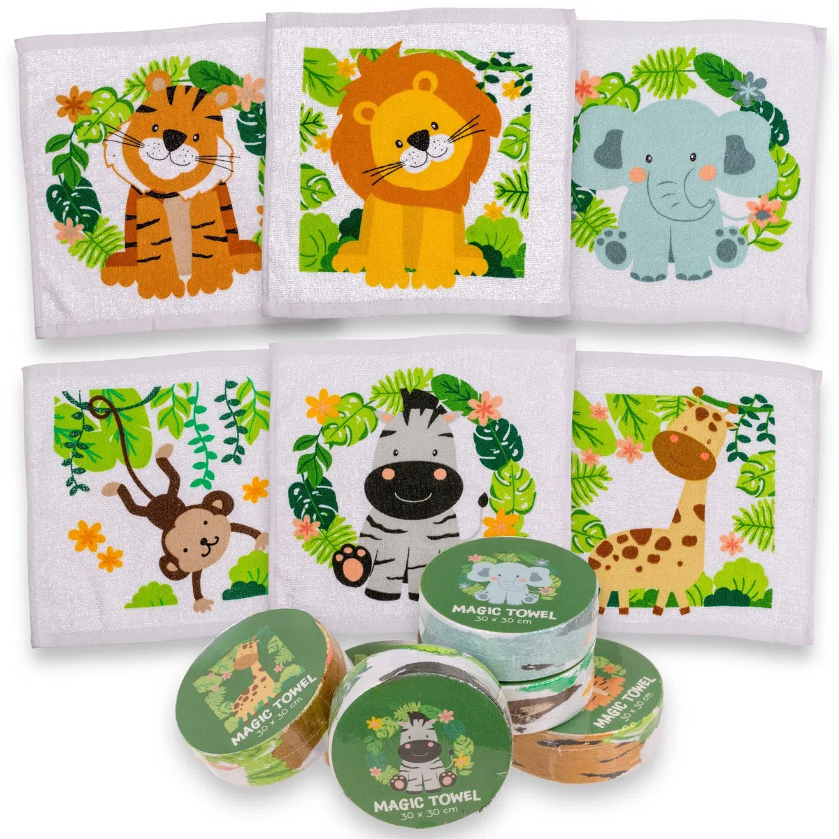 Set di Salviettine Magiche, Panno Magico, Asciugamano Magico, Borsa per Feste, Regalo per Bambini Tombola (Set di 6 Animali Safari)