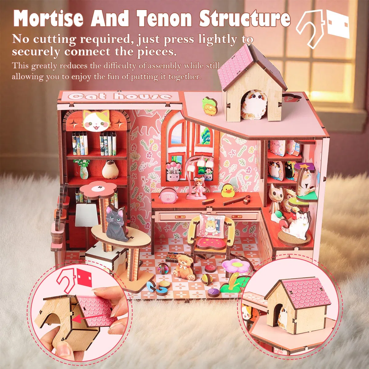Cuteefun Miniature Casa delle Bambole, Kit da Casa di Bambole in Legno con LED, Struttura a Incastro, Facile da Assemblare, Regalo per Compleanni, Natale e Halloween (Casetta per Gatti)