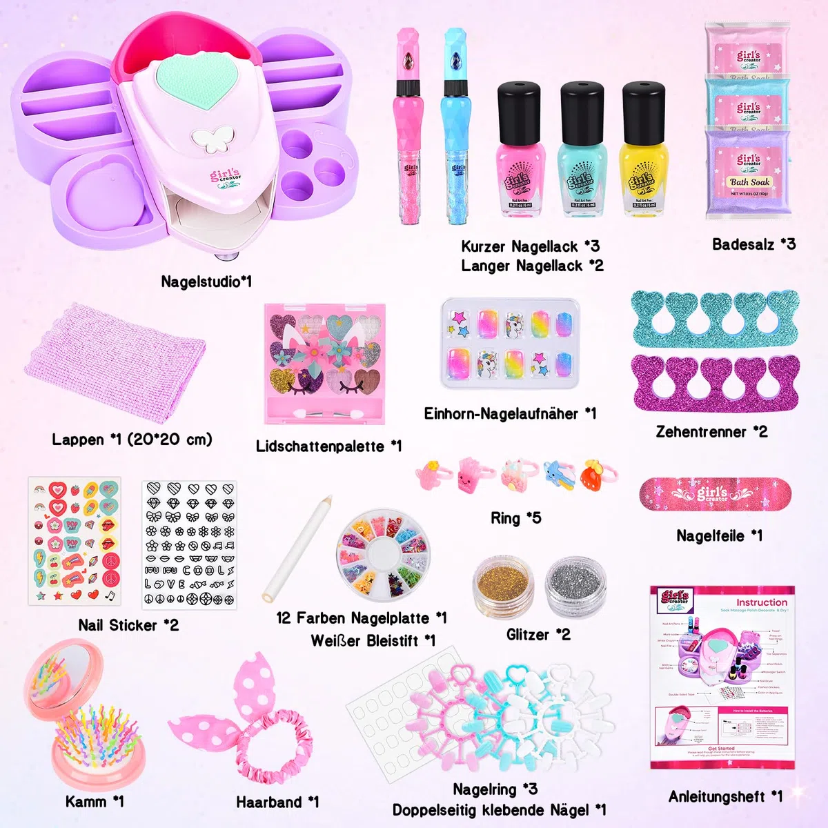 Herenear Set Unghie Bambini Kit con Asciuga, Smalti per Unghie, Kit Compleanno Gioco Regalo per Bambina Ragazza 5-9 Anni