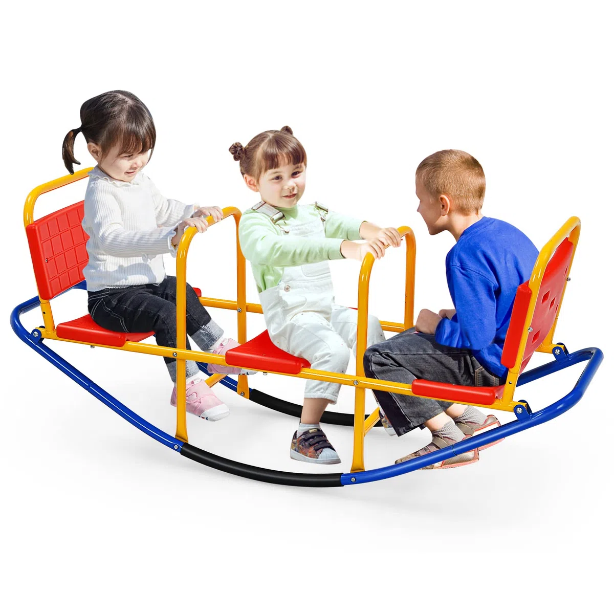 COSTWAY Altalena Saliscendi per Bambini, Altalena Basculante Oscillante di Metallo con Maniglie, Altalena Basculante per Interno ed Esterno, 3 Posti a Sedere (Rosso)