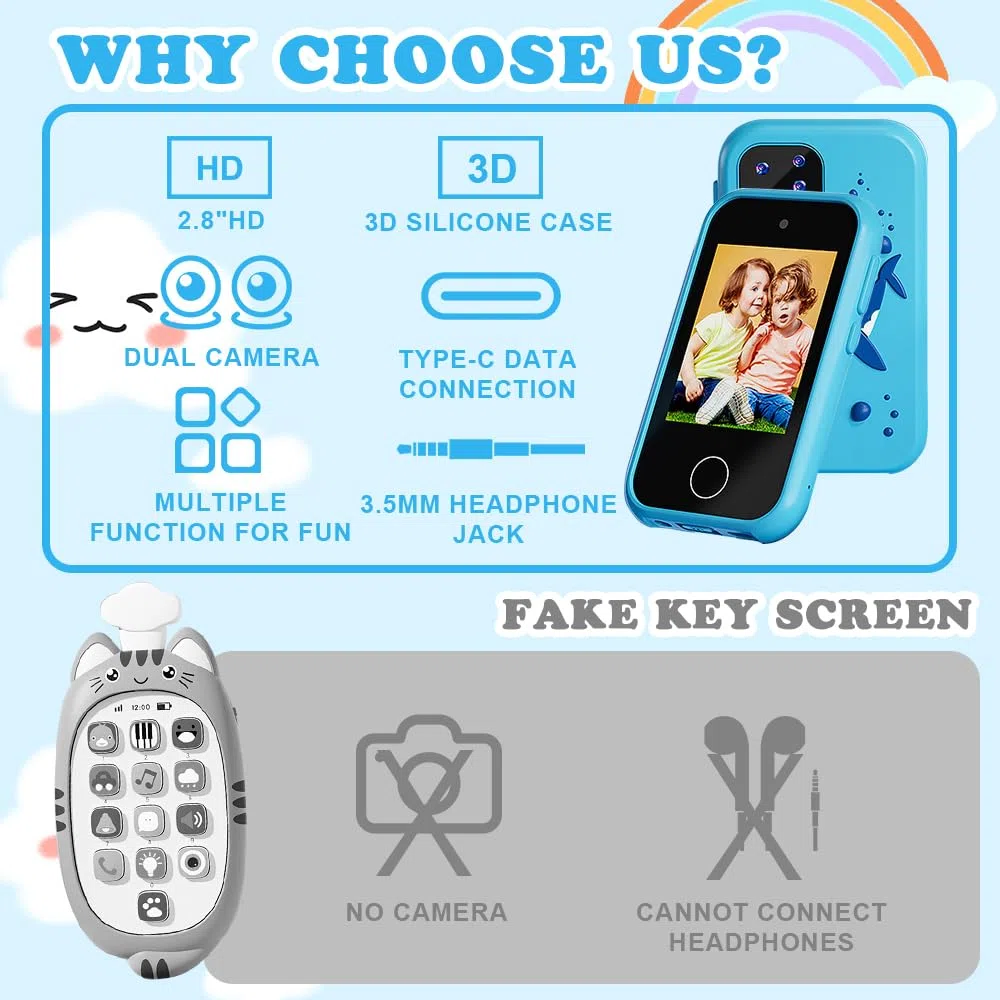 Smartphone per Bambini/Bambina, Cellulare per bambini, Telefono Giocattolo Educativo con Doppia Fotocamera, Lettore MP3, Compreso Favola, Disegno, Sveglia, Regalo per Bambini Dai 3 ai 12 Anni