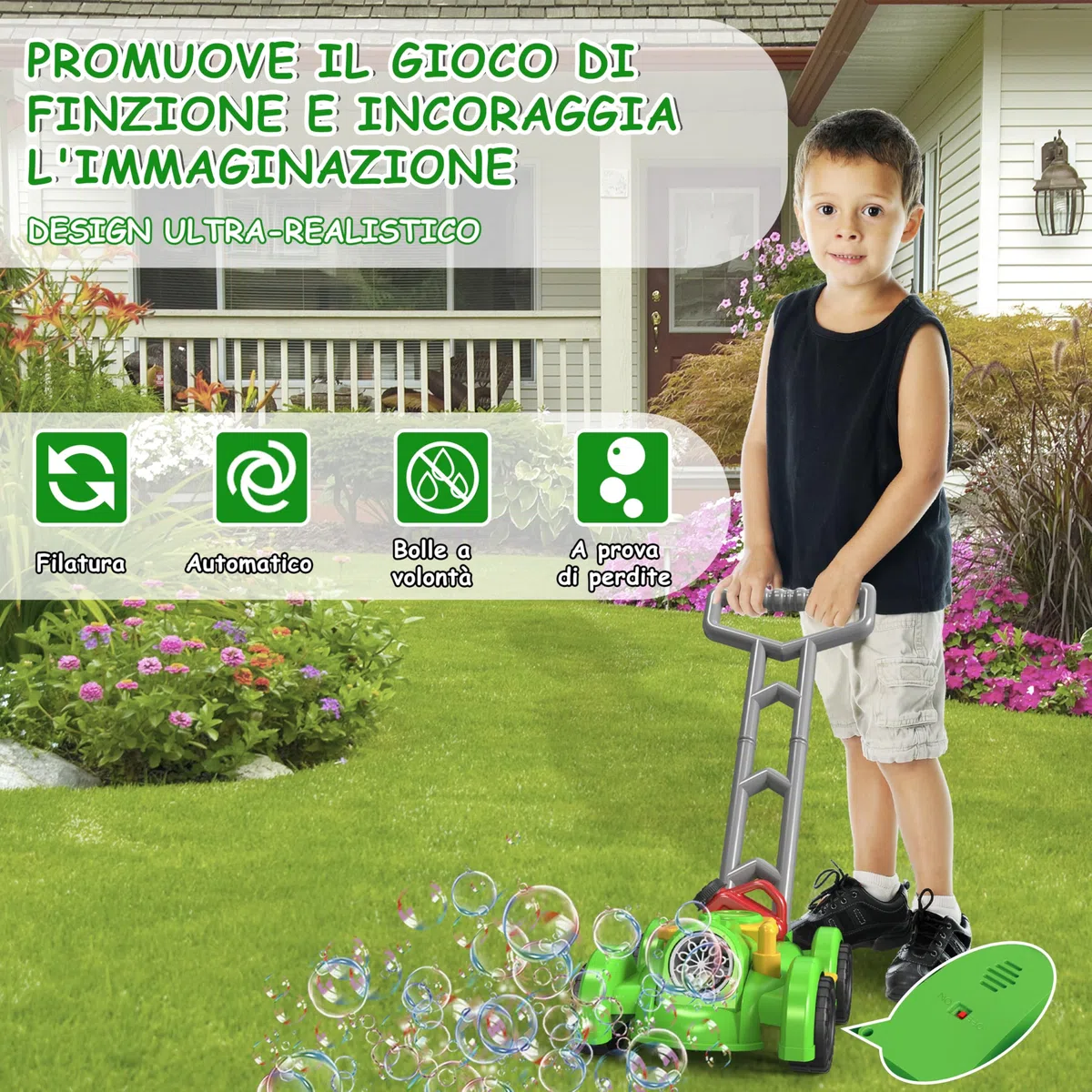 Herefun Tosaerba a Bolle per Bambini, Macchina Automatica per Soffiatore di Bolle, Giocattoli Estivi da Giardinaggio All'aperto, Regali per Bambini di Oltre 3 Anni (Verde)