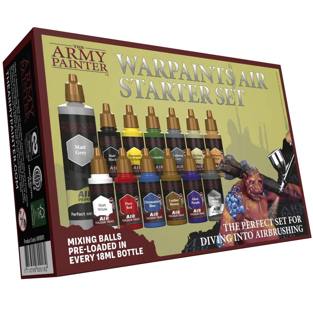 The Army Painter, Warpaints Air Starter Set, 12 x 18 ml Colori per aerografo incl. 1metallici e 1 Primer grigio - Colori per aerografo modellismo per Miniature Dnd e Warhammer 40k