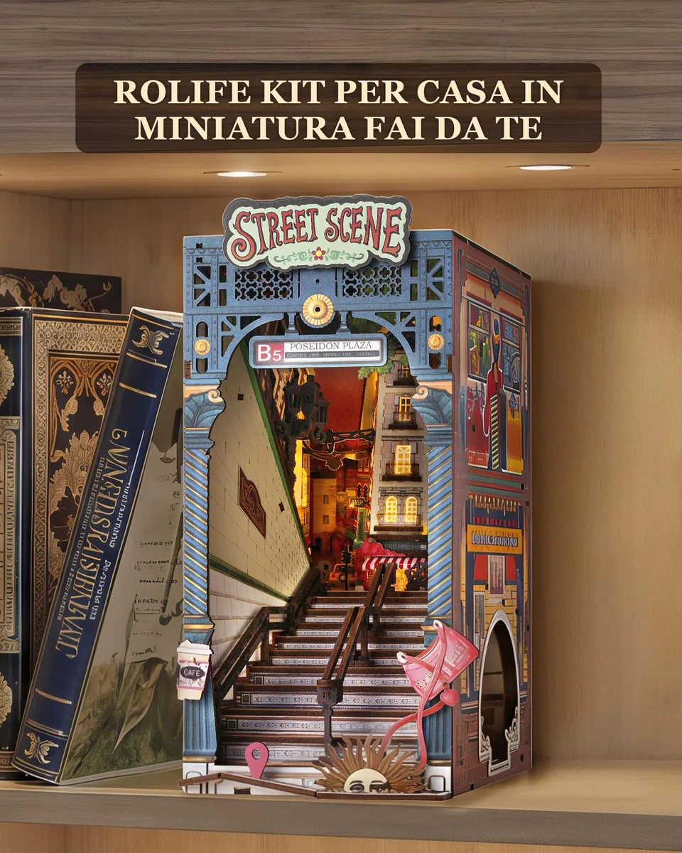 Rolife Book Nook Street Scene, Kit Casa Miniatura DIY con Luci, Booknook per Adulti da Costruire, Supporto per Libri in Legno 3D da Collezione & Decorazione per Libreria, Regali di Compleanno e Natale