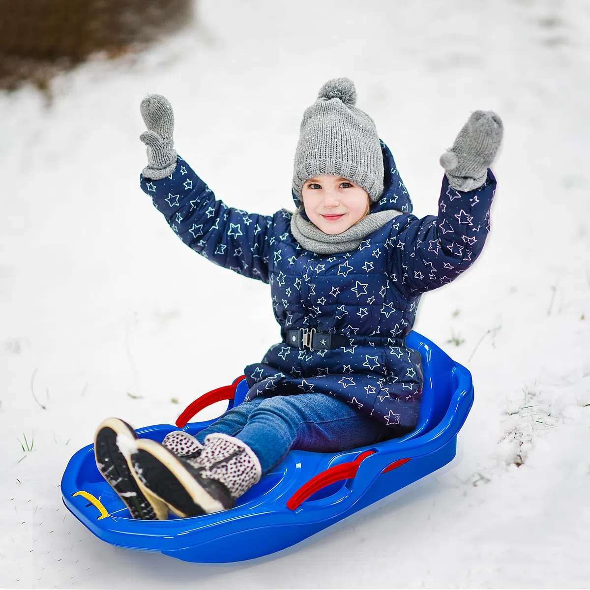 Jamara 460539 - Snow Play Bob Comfort, 80 cm, sterzo con leva del freno, costruzione aerodinamica, seduta ergonomica resistente in plastica resistente agli urti, colore: Blu