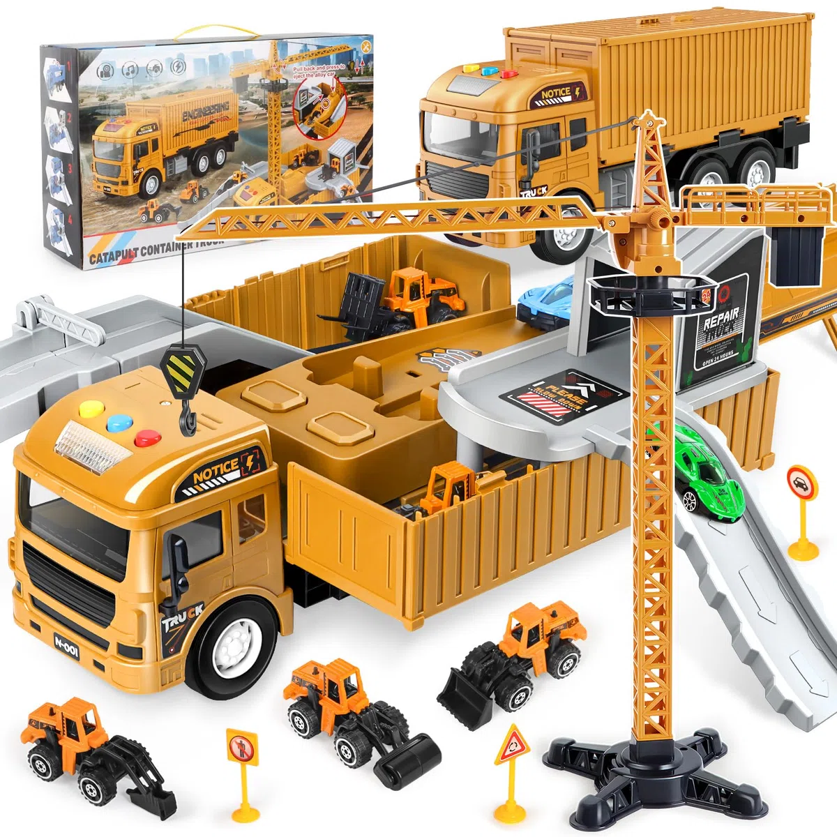 Camion Giocattolo per Bambini, Camion da Cantiere Giocattolo con Gru, Veicoli da Cantiere con Suoni e Luci, Regali di Compleanno e Natale per Bambini dai 3 Anni in Su