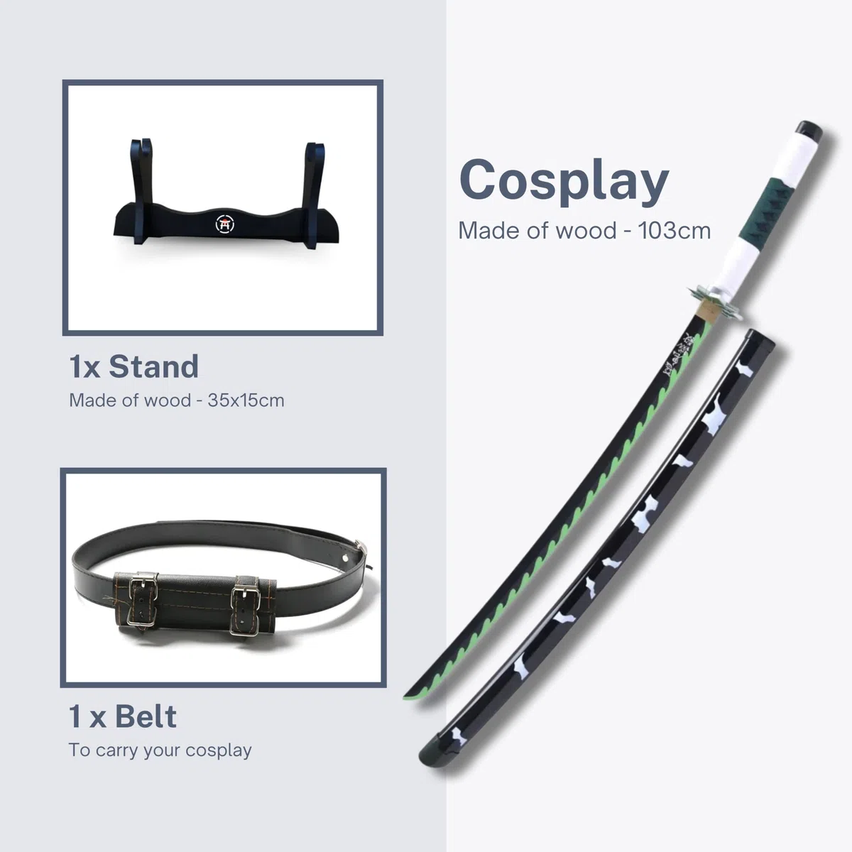Katana Demon - Vera Manga Sciabola + Porta Spada di Legno + Cintura - Catana Giapponese Decorazione Cosplay Giocattolo per Bambini Adulti Gioco Costumi