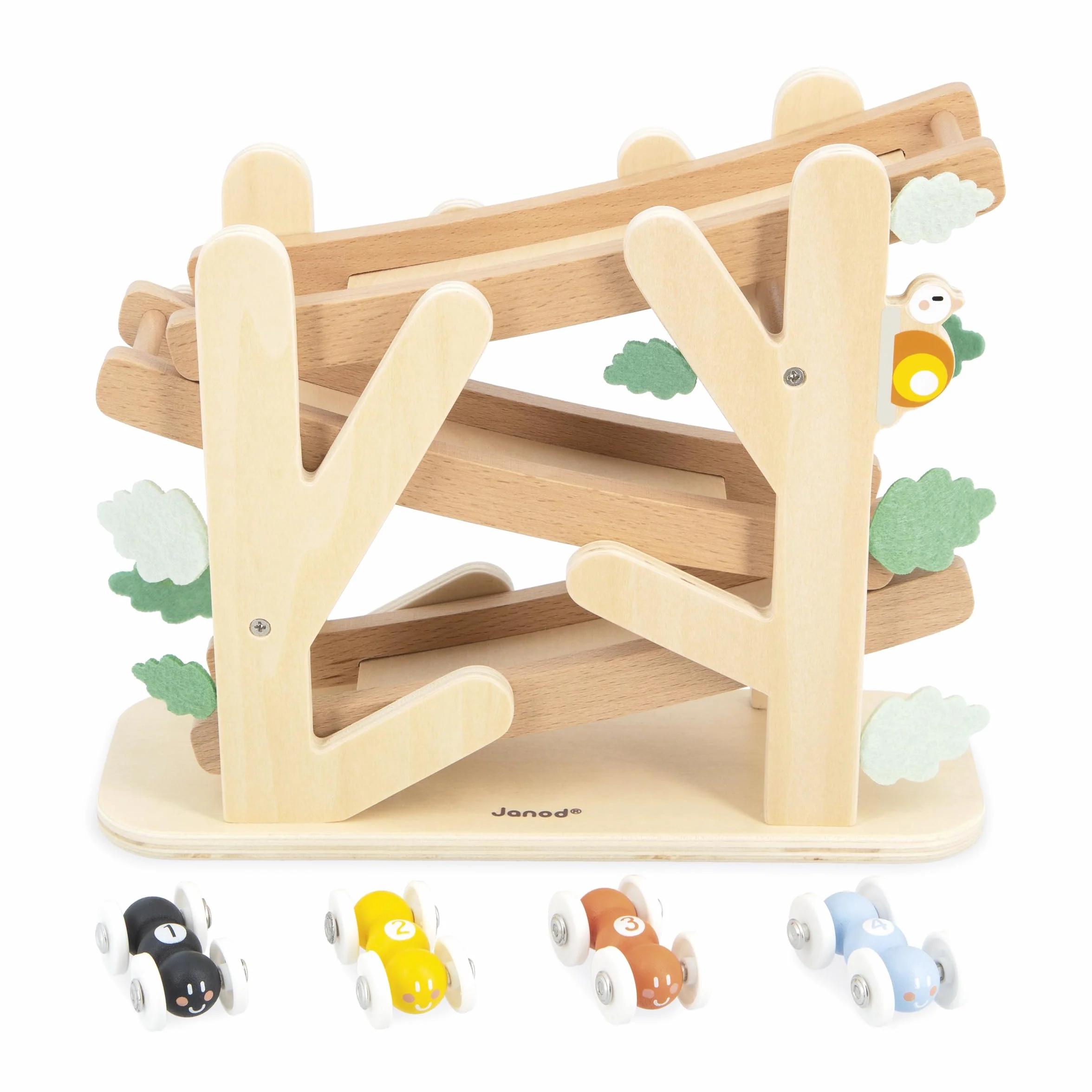 Janod - Scivolo in Legno su 3 Livelli - Rampa di Corsa con 4 macchinine Incluse - Scivolo per macchinine - Sviluppo della motricità fine - da 1 Anno - J04038