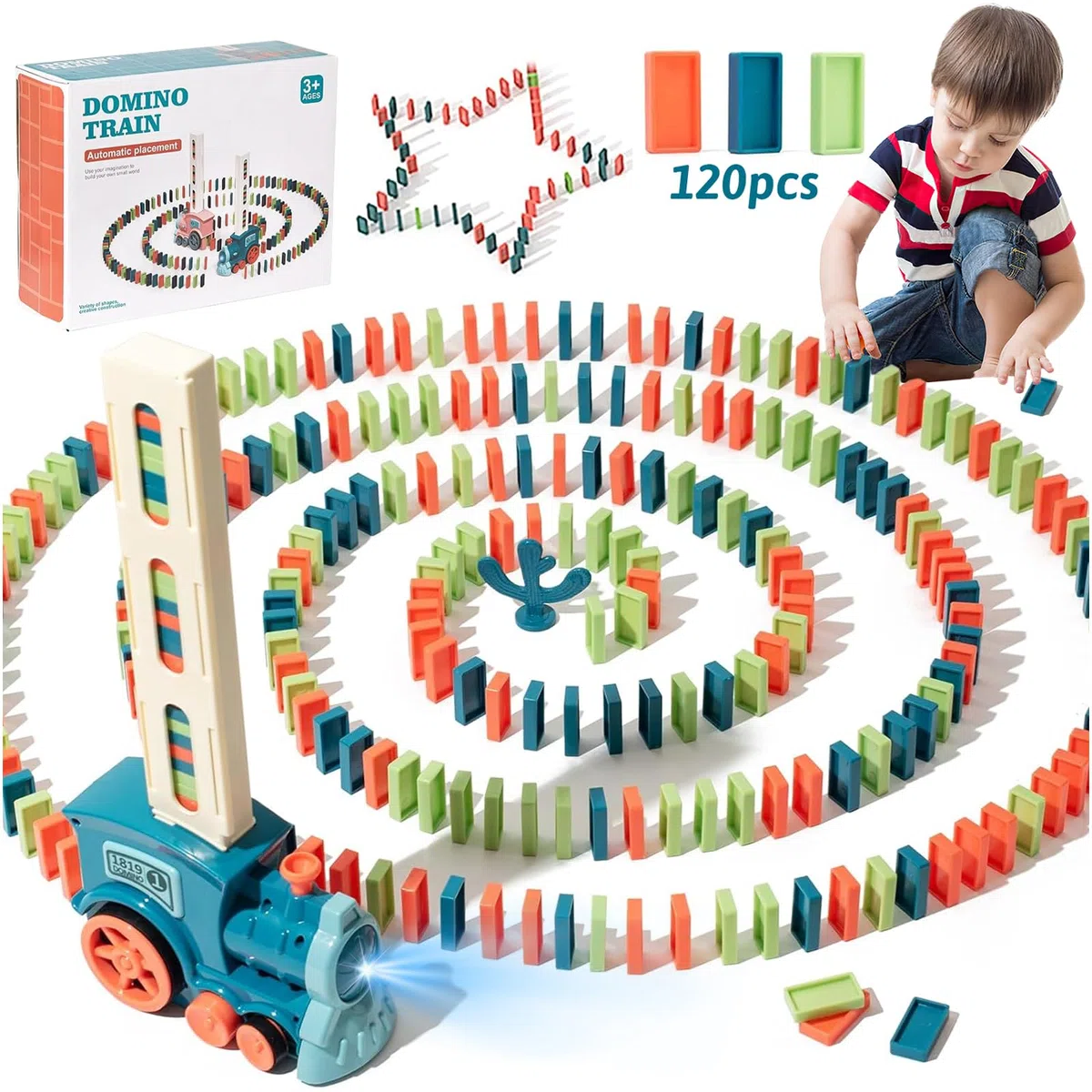 Domino Train Toy Set per Bambini,120 Pezzi Automatici Domino Blocchi di Costruire e Impilare Giocattoli Creativi,Giocattolo Educativo Regalo per Ragazze e Ragazzi dai 3 anni in su