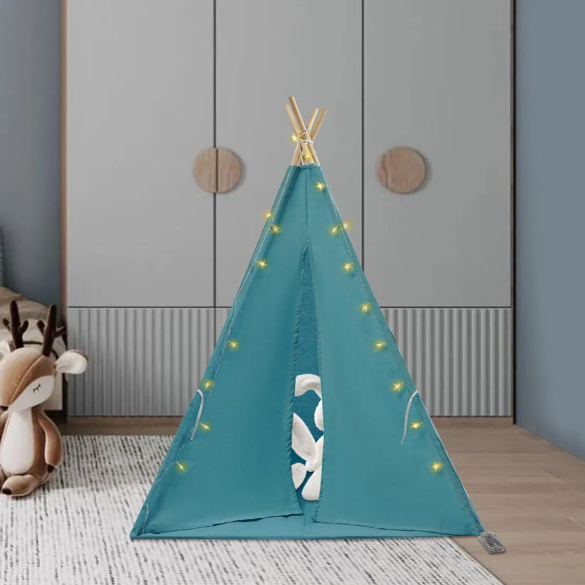 Tenda per Bambini 120x120x140cm con Luce, Tipi per Ragazzo 1,6m in Cotone Lino per Camera, Giardino, Spiaggia, Casetta da Gioco per Interno ed Esterno con Tappeto, Ghirlanda 3m