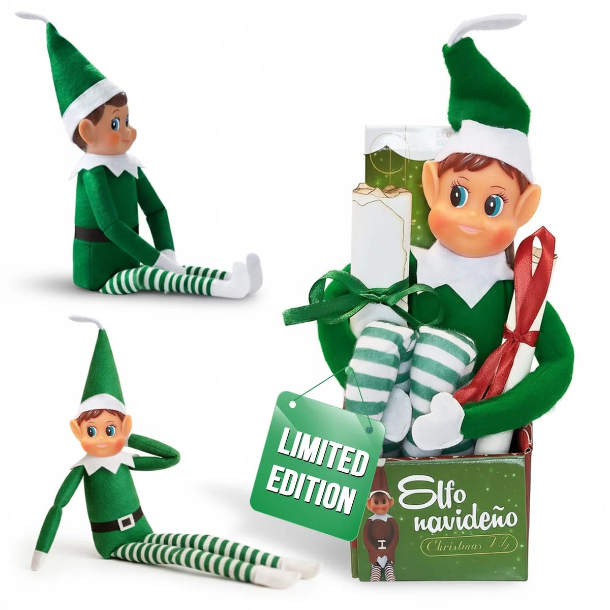 LEIGHT Elfo In Vinile Morbido Con Cappello E Targhetta, Il Più Piccolo Elfo Pieghevole Al Mondo 40 Cm Sullo Scaffale Accessorio Natalizio Per Bambini E Bambine (Thommy Verde)