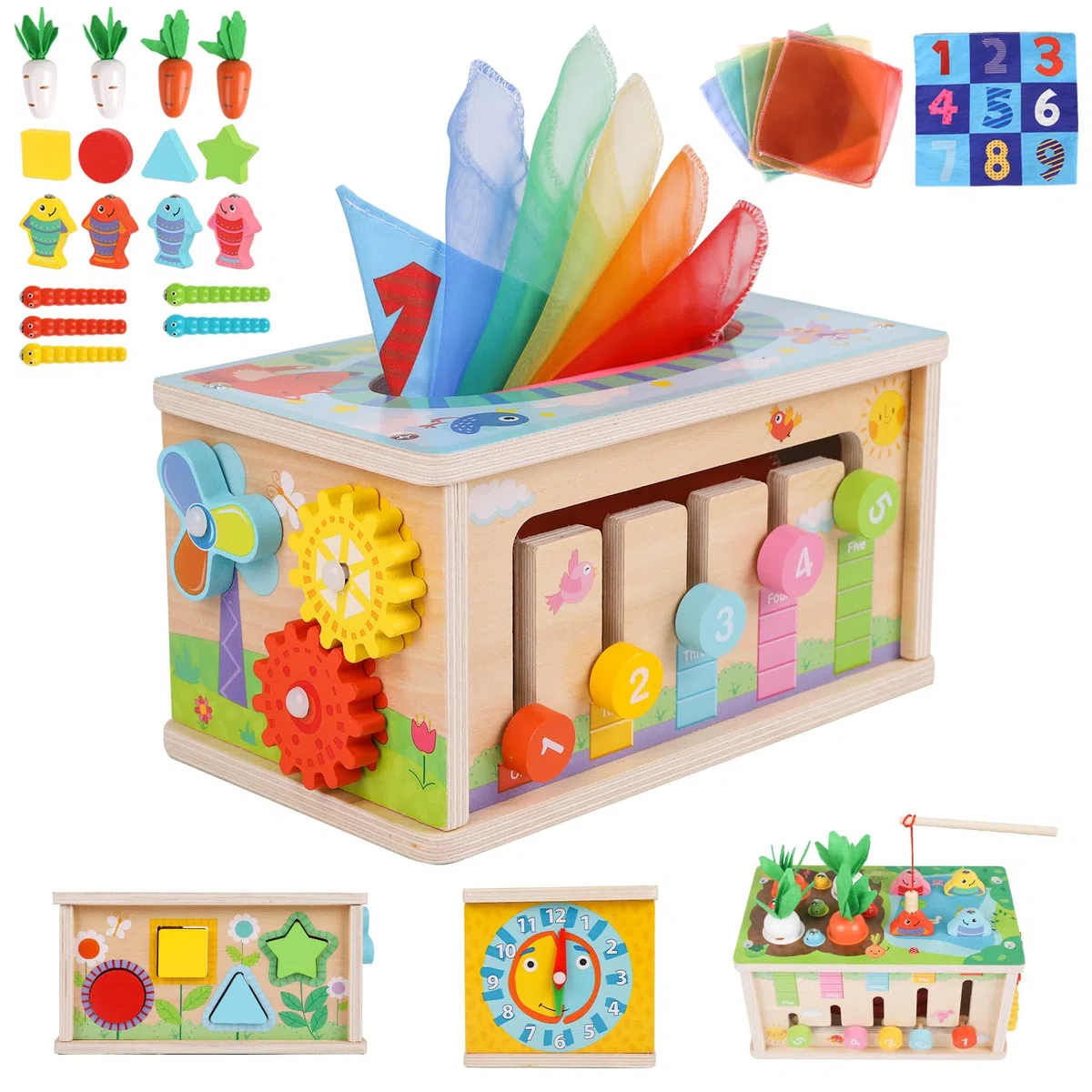 LZDMY Giochi Montessori Bambino 6-18 Mesi, 6 in 1 Scatola Fazzoletti Montessori Bambini 1 2 Anno Bambina,Cubo Multiattivita Legno, Giocattoli Educativi Sensoriali, Giochi Pesca, Giochi Neonato Regalo