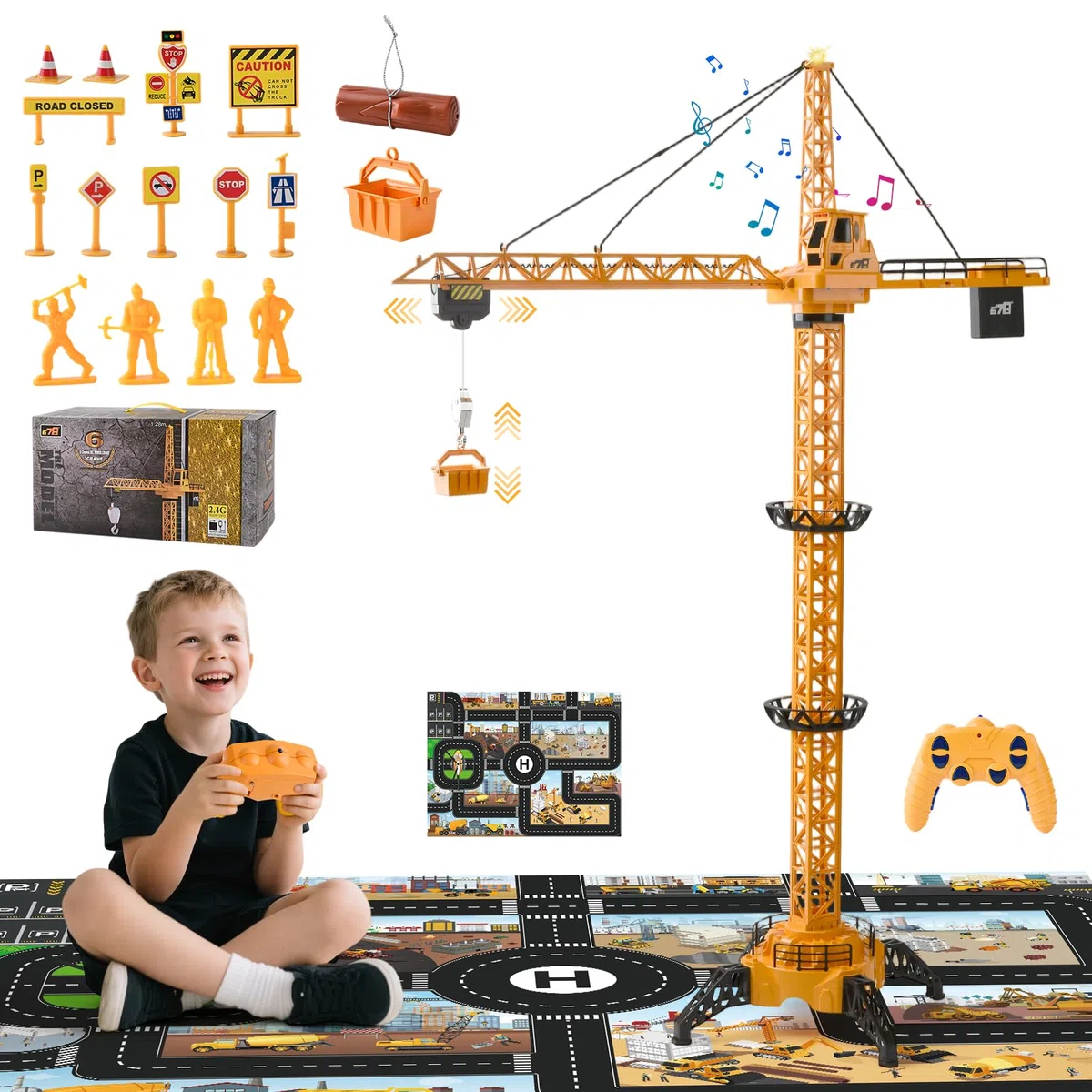 Gru a Torre Telecomandata 128 cm RC, 6 Canali 2,4 GHz 680° Rotazione, Gru da Cantiere Elettrica con Luci e Suono, Giocattolo da Costruzione per Bambini 3+ Anni