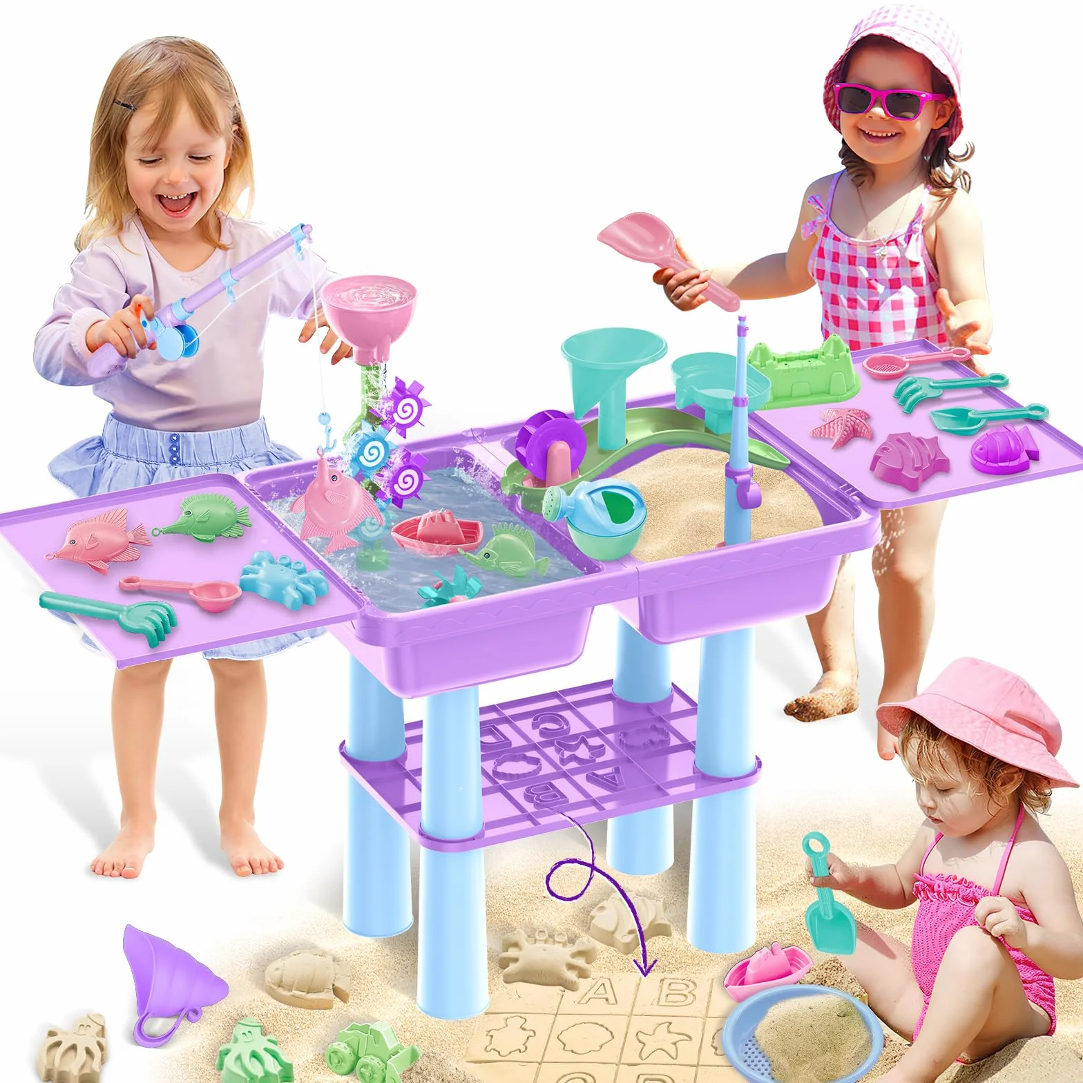 deAO Tavolo con Sabbia e Acqua per Bambini, Tavolo da Gioco, Tavolo Multifunzione, 26 PCS, 2 Canne da Pesca, Paletta per Sabbia, Ruota dell’Acqua, Tavolo da Gioco con Coperchio, 3 Anni+ (Viola)