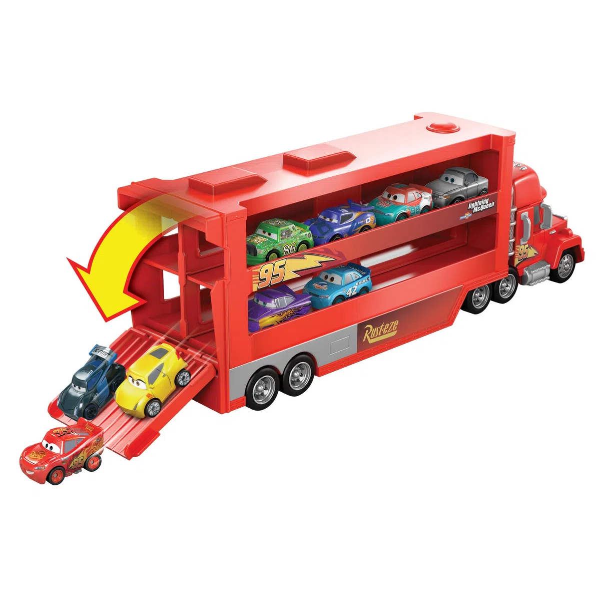 Mattel Disney Pixar CARS - Mack Mini Racers Trasportatore, include mini veicolo die-cast di Saetta McQueen, trasporta fino a 18 mini veicoli da corsa, giocattolo per bambini, 4+ anni, GNW34