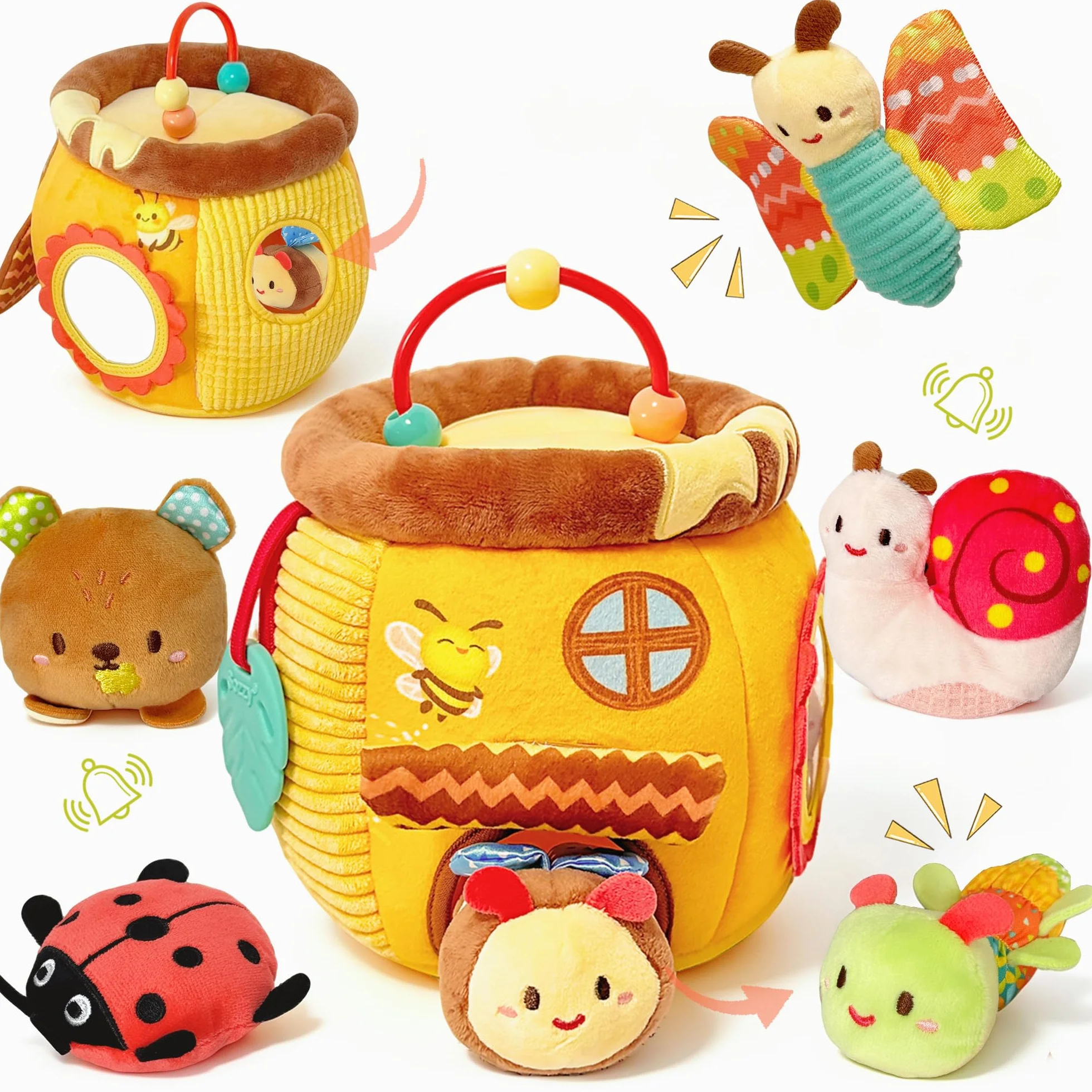Bambini Giochi Montessori 1 Anno - Casa Delle Api in Peluche con 6 Insetti Neonato, Giochi Sensoriali per Neonati con Specchio, Sonaglio, Giochi Dentizione, Regalo 6 9 12 18 Mesi Bimbo Bimba