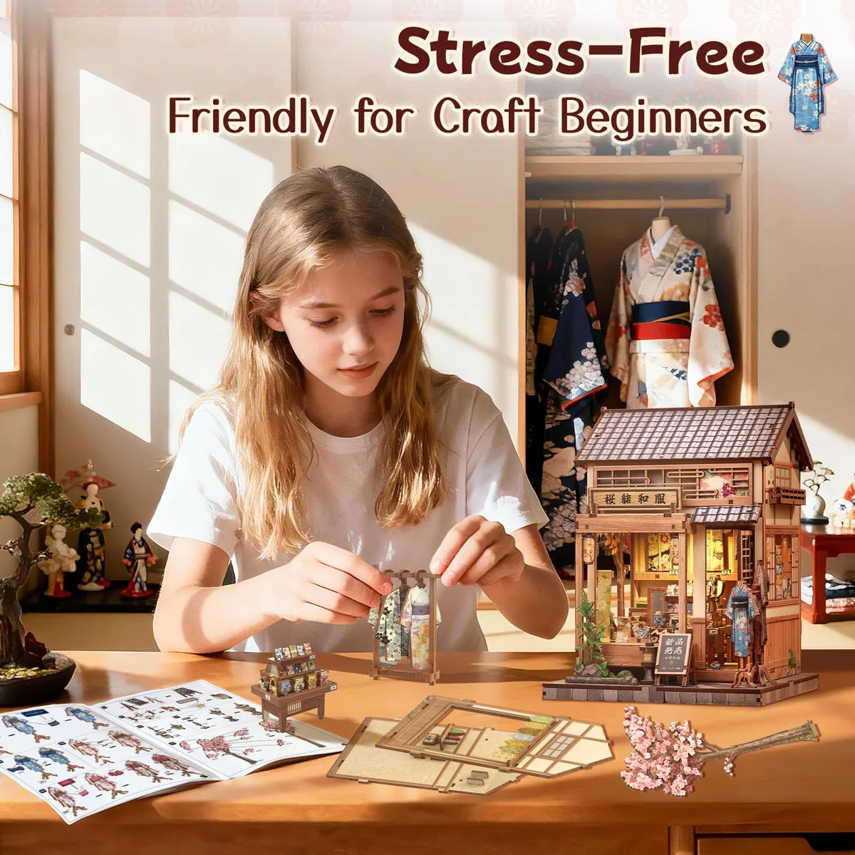 Fsolis Kit Book Nook, casa delle bambole giapponese in miniatura, kit artigianale in legno 3D per adulti, decorazione per libreria, regalo (Sakura O kimono Shop)