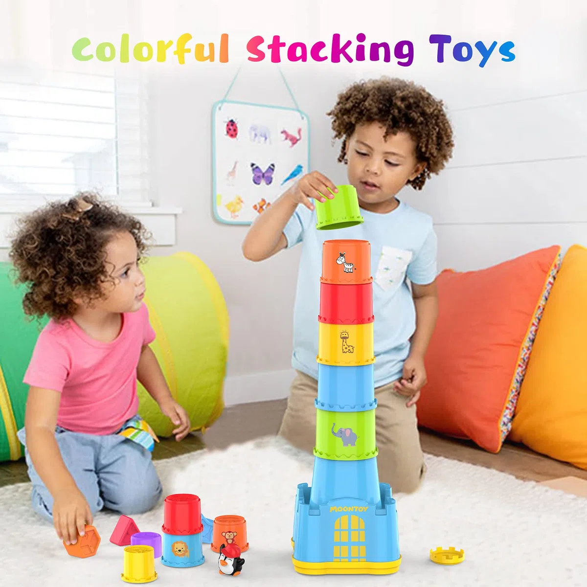 MOONTOY Giocattoli Bambino 1 anno,Montessori Giocattolo per Bambini Ragazzo Ragazza,Blocchi Colorati per Insegnare Forme, Numeri e Colori,Regalo per Compleanno e Natale per 1 2 3 4 Anni