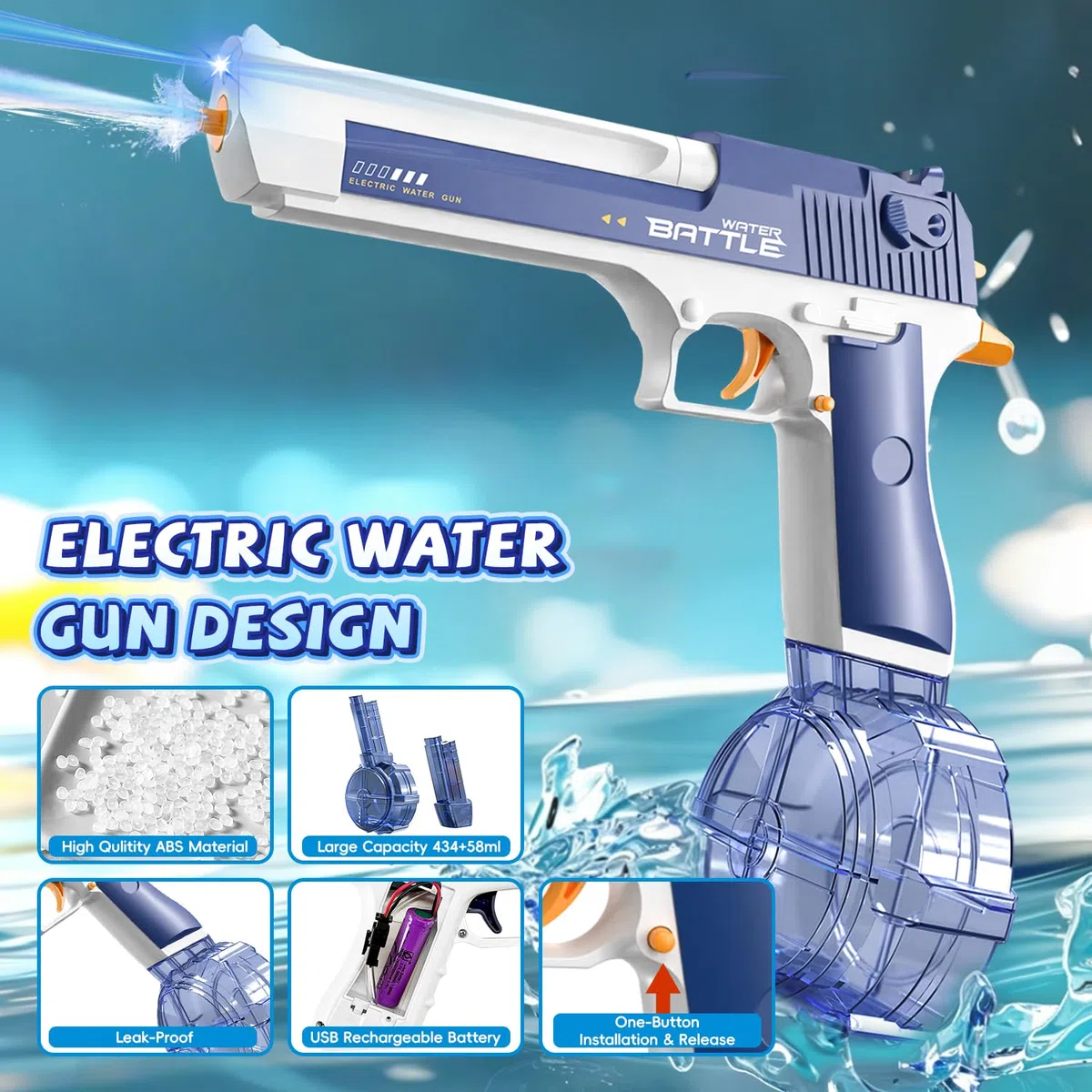 Pistola ad Acqua Elettrica 2 Pezzi, Pistole ad Acqua Ricaricabile con LED, Pistola Acqua Bambini Automatica, Capacità 434+58ml, Portata 8-10M, Giocattolo Estiv per Bambini e Adulti, Piscina, Spiaggia