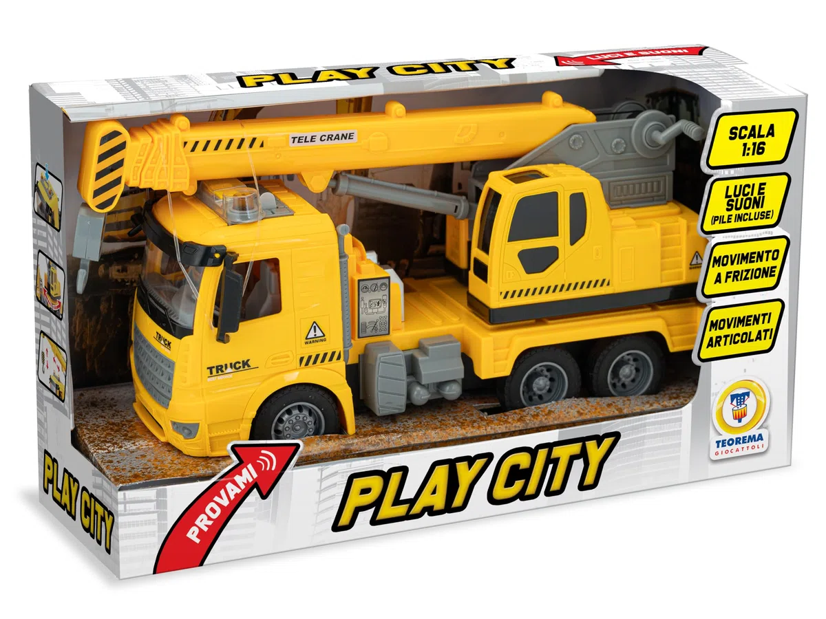 Teorema, Play City Camion Gru Giocattolo 1:16, Autogru da Cantiere con Luci e Suoni, Movimento a Frizione, Braccio Articolato con Gancio, Camion Grande Giocattolo per Bambini 3 più Anni, 30 cm