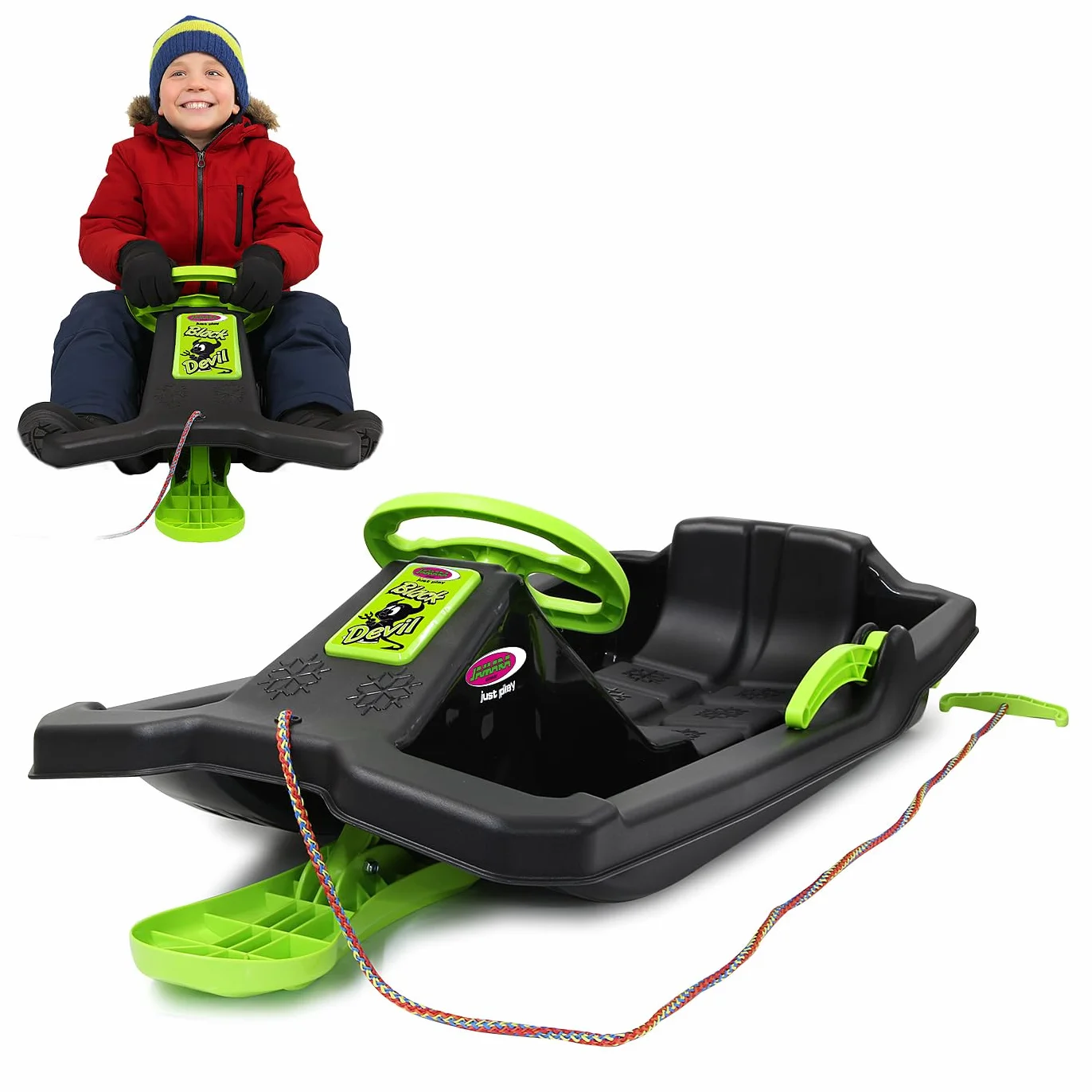 Snow Play Bob - Black Devil, Bob Neve Snowfun Invernale divertente slitta, volante, freno, freno a mano, dai 3 anni in su, comoda seduta per una posizione ottimale di scivolamento, nero