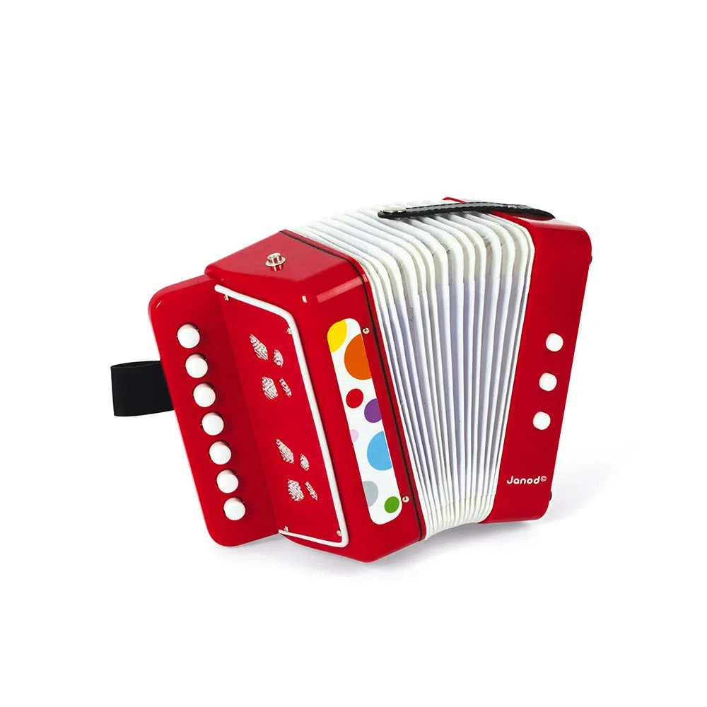Janod - Fisarmonica Coriandoli, Strumento Musicale per Bambini, Giocattolo di Imitazione e Risveglio Musicale, Cinghia di Supporto, Colore: Rosso - da 3 Anni in su, J07620