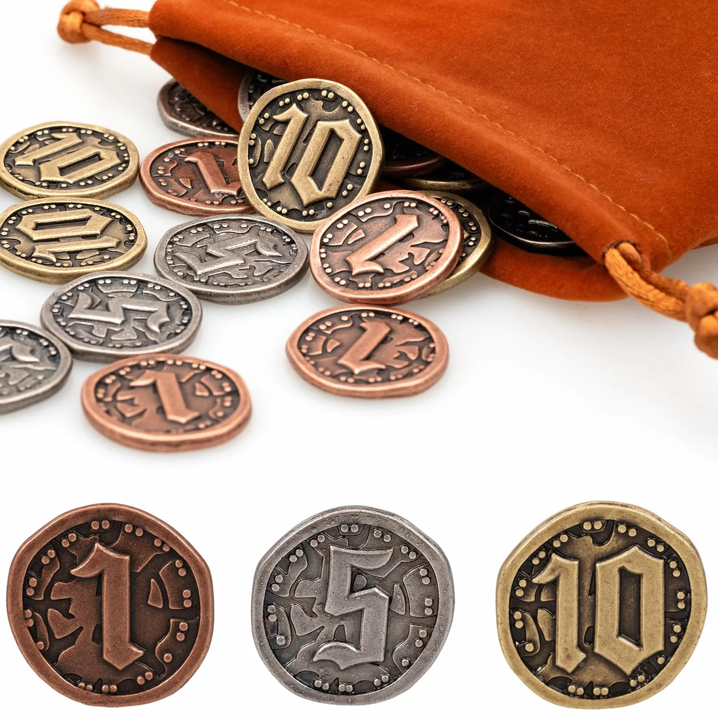 30 monete in metallo per giochi da tavolo, gettoni oro argento con valore nominale (1, 5, 10) per giochi di ruolo da tavolo, monete del tesoro per giochi pirati, feste cosplay