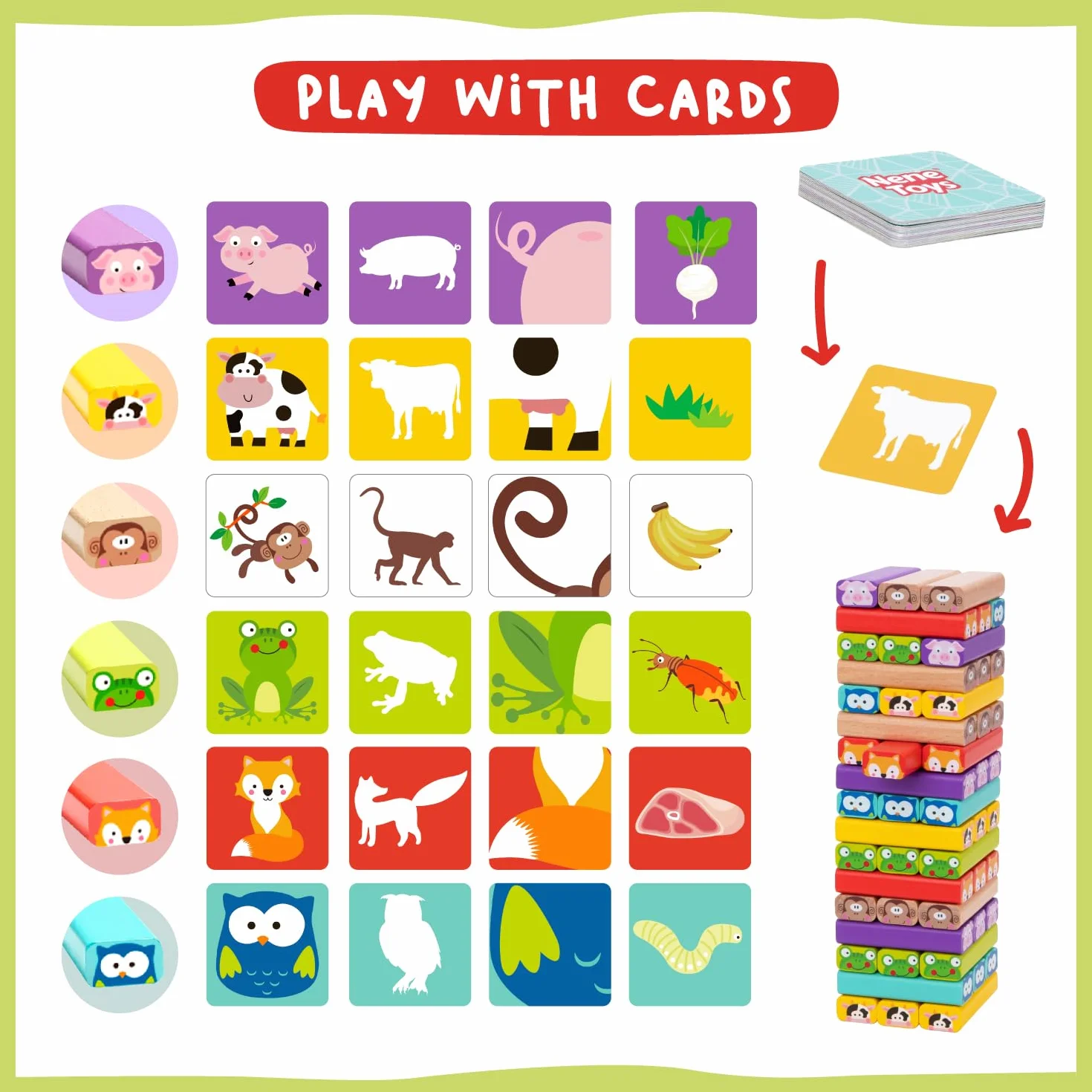 Nene Toys - Torre Magica Colorata in Legno con Animali – Gioco Educativo da Tavolo per Bambini - Gioco Didattico 4 in 1 per Bambini da 3 a 9 anni – Giocattolo Ideale come Regalo per Genitori e Figli