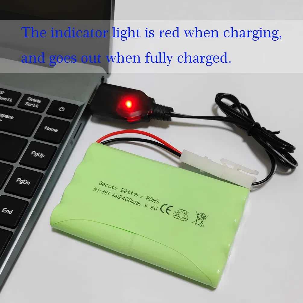 Batteria ricaricabile NiMH da 9,6 V, 2400 mAh, batteria AA con connettore KET 2P e cavo di ricarica, per camion, serbatoi e corazzate radiocomandate