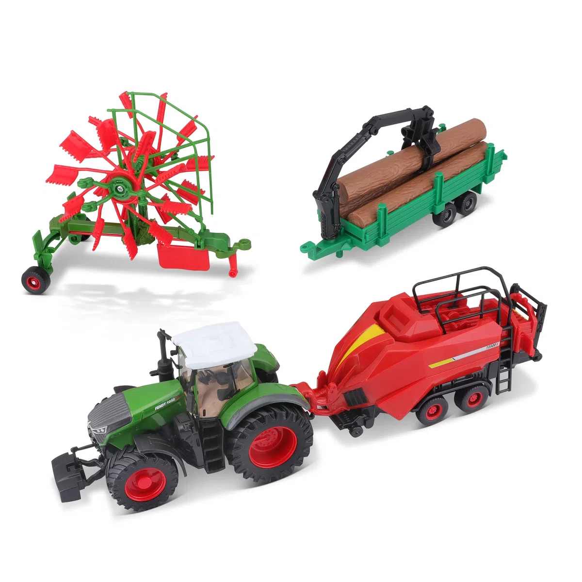 Bburago Trattore agricolo FENDT pressofuso con 3 rimorchi - Detaield Replica giocattolo da collezione