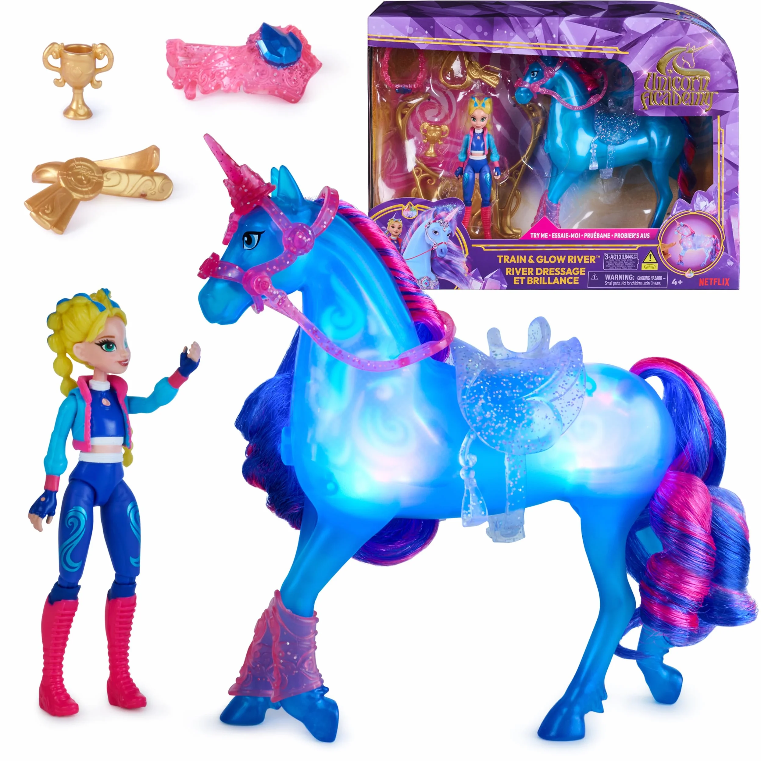 Unicorn Academy, Unicorno Train & Glow River con Isabel, 3 Accessori da Dressage ed Effetto Luminoso, Bambole e unicorni Giocattolo per Bambine dai 4 Anni in su