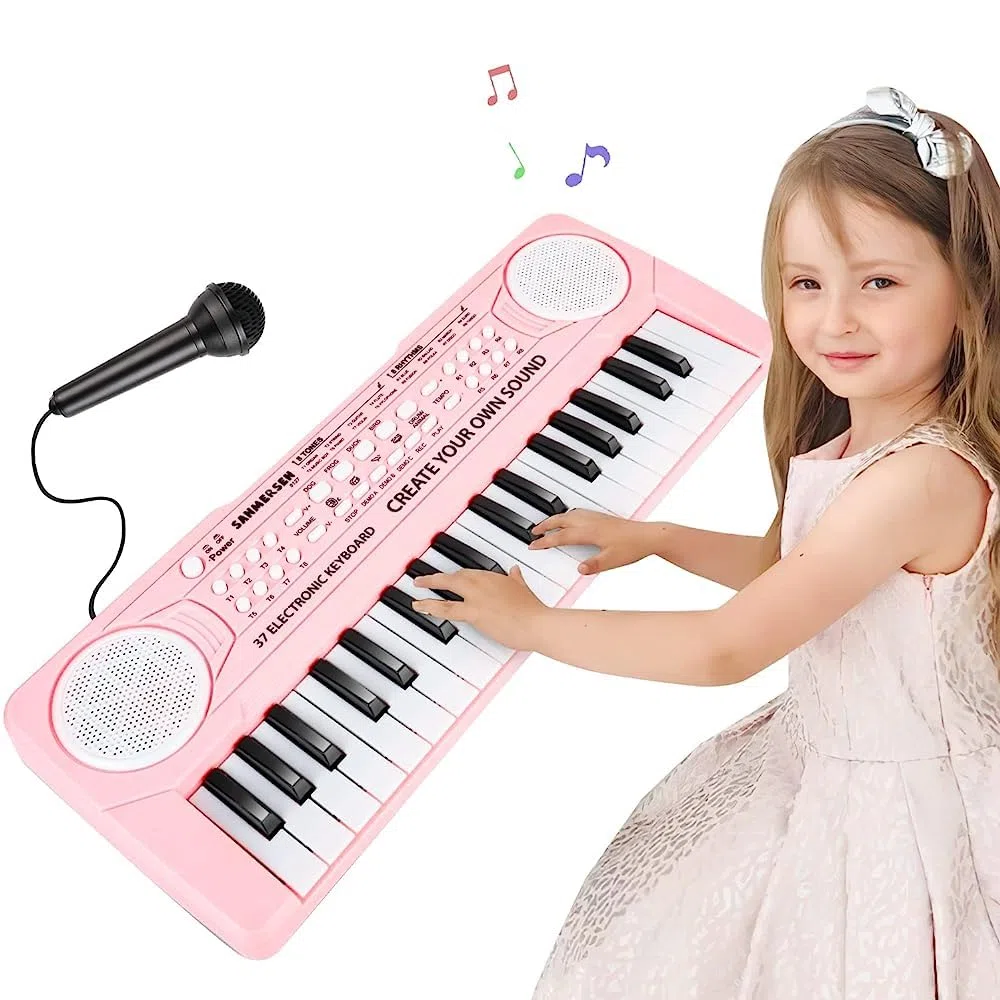 Pianola Bambini 37 Tastiera Musicale con Microfono, Pianola per Scuola Media Portatile Multifunzione, Music Giocattolo Educativo Regalo per Ragazzi Ragazze 3 4 5 6 Principianti,Rosa