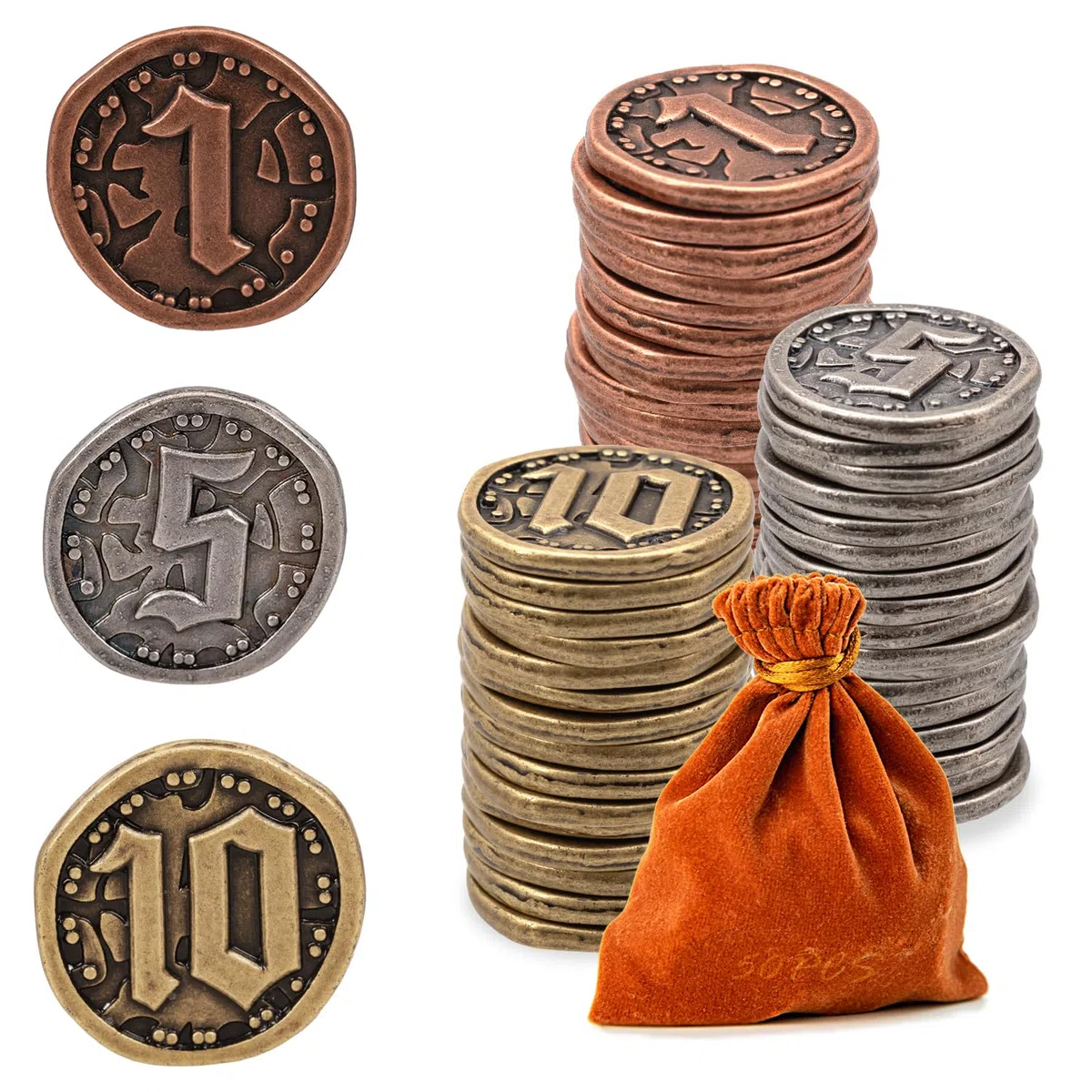 50 monete in metallo per giochi da tavolo, gettoni oro e argento per poker, giochi di ruolo, giochi da tavolo di strategia, monete fantasy in metallo, valuta di gioco generica resistente