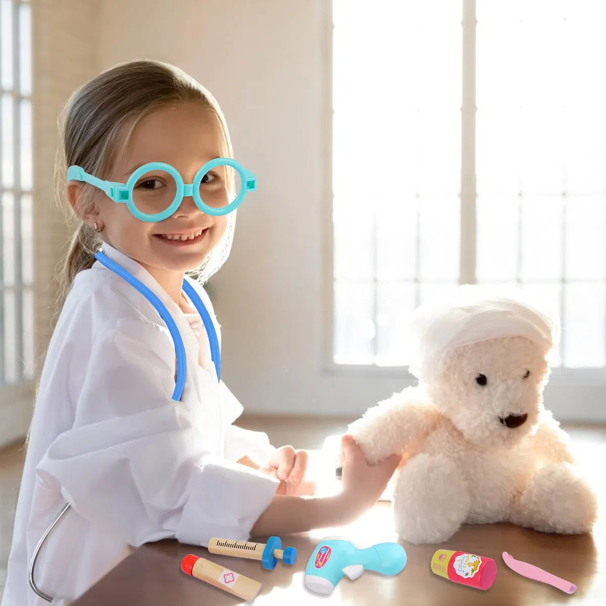 EFO SHM Valigetta Dottore Bambini Legno, Attrezzo Medico Giocattolo Borsa Dottore Gioco Stetoscopio vero Attrezzi da Dottoressa 3 4 5 Anni