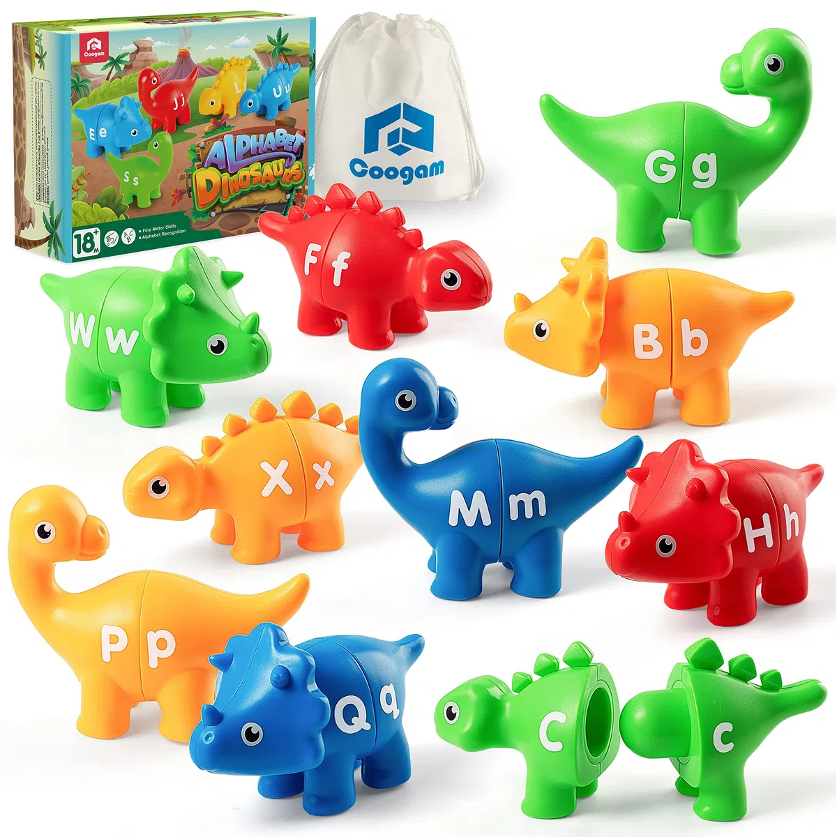 Coogam Lettere Abbinate Giocattolo per Motori Fini, 26 Pezzi Gioco di Abbinamento dell'alfabeto dei Dinosauri ABC a Doppia Faccia, Giocattoli di apprendimento per i più Piccoli